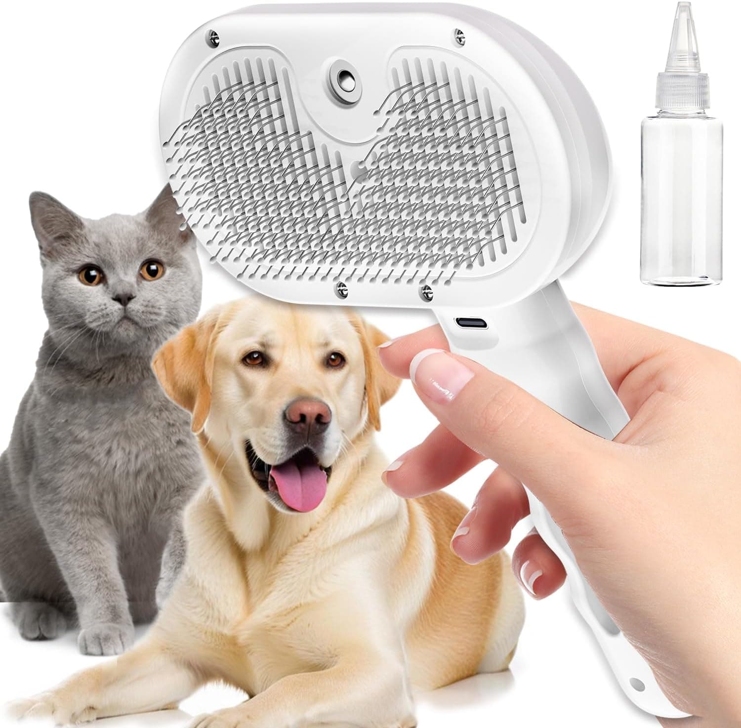 Pet Steam Brush, Shower Bath Brush, Grooming Water Brushes for Long & Short Haired Pets, Cat Steam Brush, Dog Brush for Shedding, Mist Spray Hair Removal Comb(White-Excluding Waterless Shampoo)