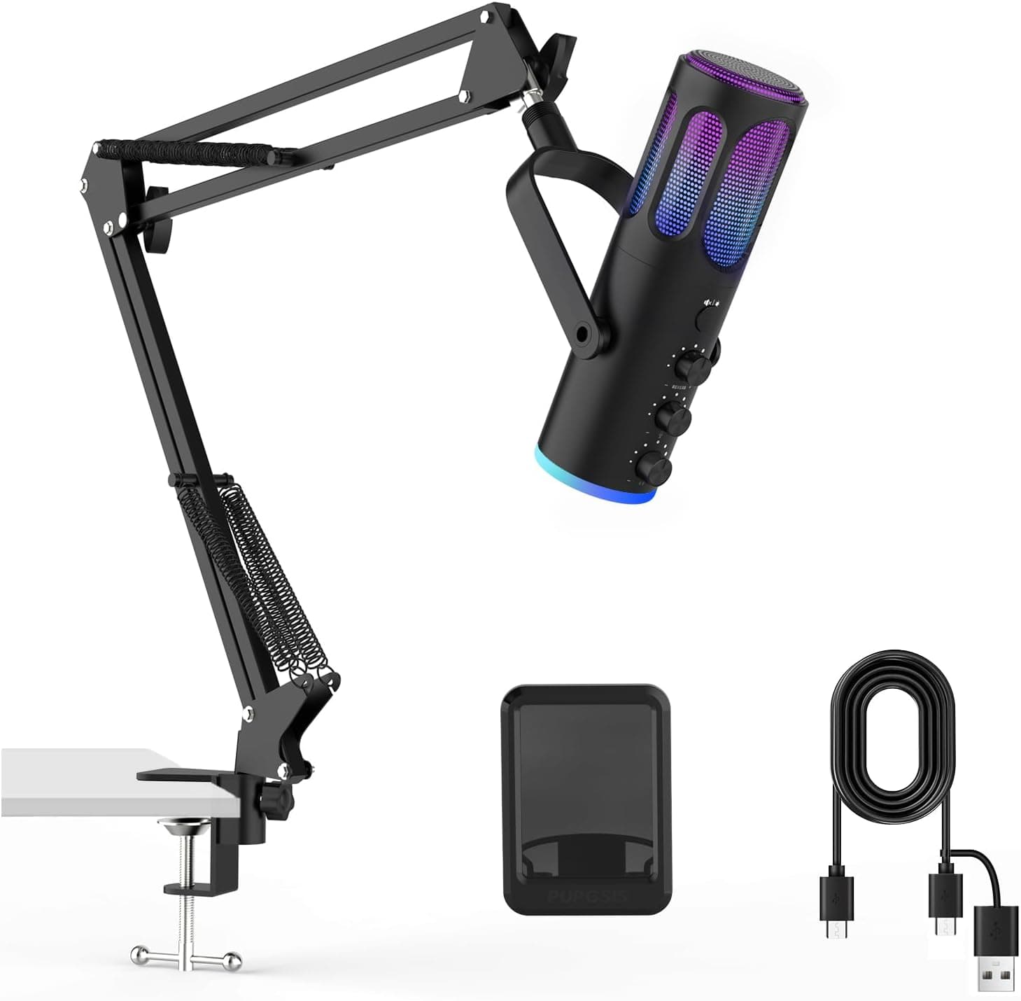 Gaming Microphone, USB Condenser Mic for PC, PS4/5 and Mac, Noise Cancellation Computer Mic with Mute, Reverb, Monitoring, Adjustable Boom Arm, Pop Filter for Streaming/Podcasting/Recording/YouTube