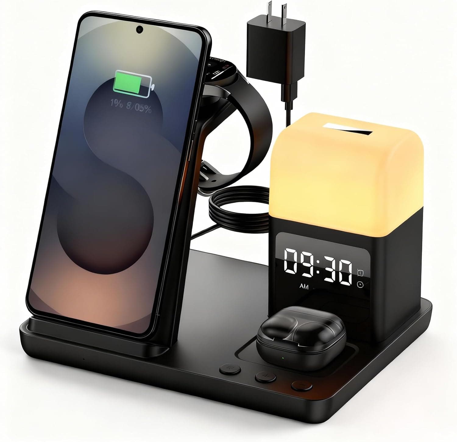 Wireless Charger for Samsung/Android Charging Station, 6 in 1 Fast Watch Charger with Alarm Clock-Night Light, Compatible for Galaxy S25 Ultra/S24, Only for Samsung Watch8/7, Galaxy Buds3 Pro(Black)