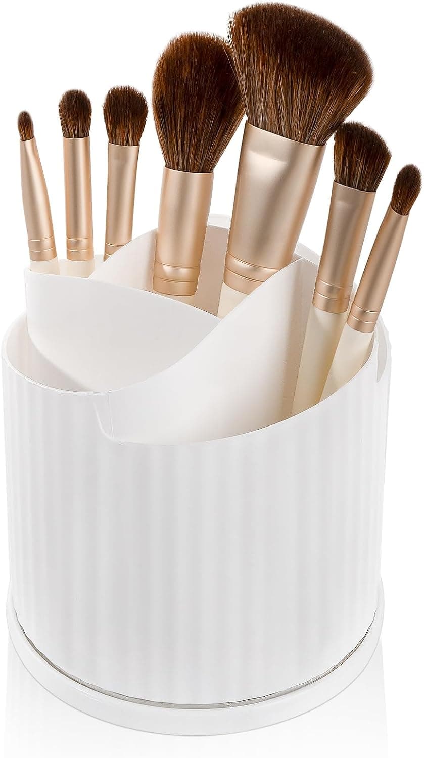 Anyoifax 360 Rotating Makeup Brush Holder Organizer 5 Slots Make Up Brushes Cup Flower-Shaped Spinning Pen Holder for Vanity, Cosmetics, Lipsticks, White