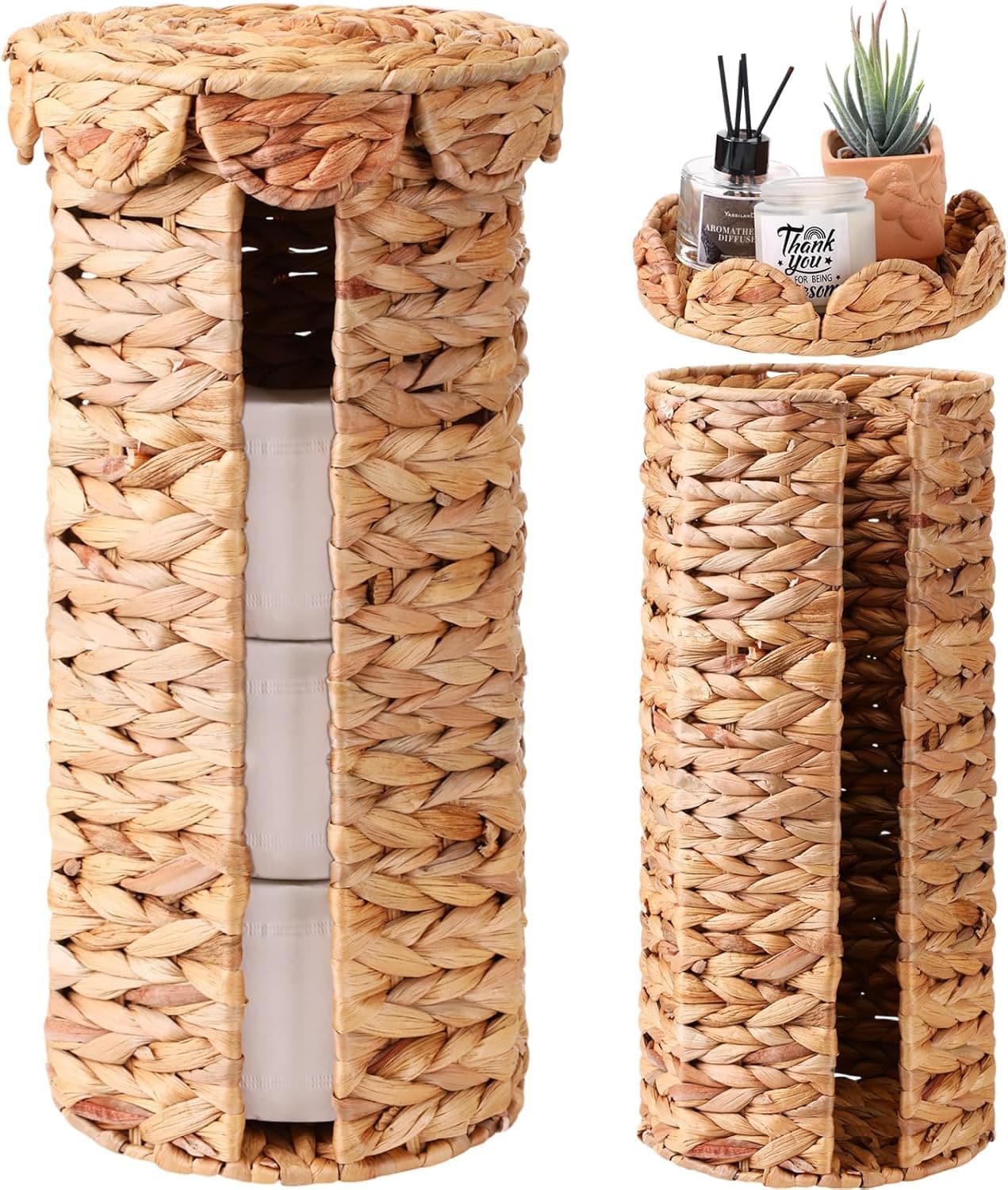 Wicker Toilet Paper Holder with Lid, Water Hyacinth Paper Roll Holder, Boho Rattan Toilet Papers Roll Stand for Bathroom Organizers and Storage Farmhouse Tissue Storage for 3 Mega Rolls