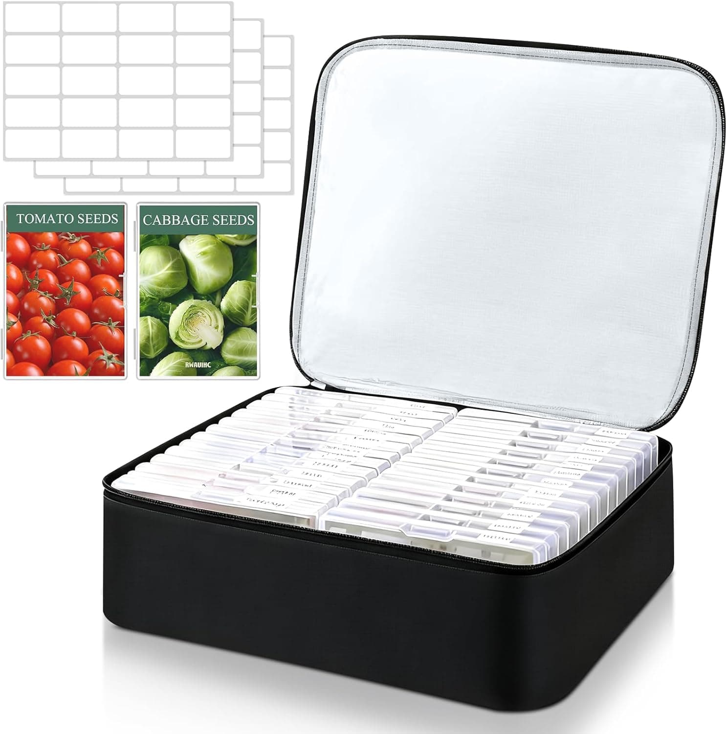 26 Slots Seed Storage Organizer Box, Oxford Cloth Seeds Insulated Bag with Label Stickers, Dual Zipper Seed Packet Container for Vegetable Flower Plants Garden, Holds 80-200 Envelopes