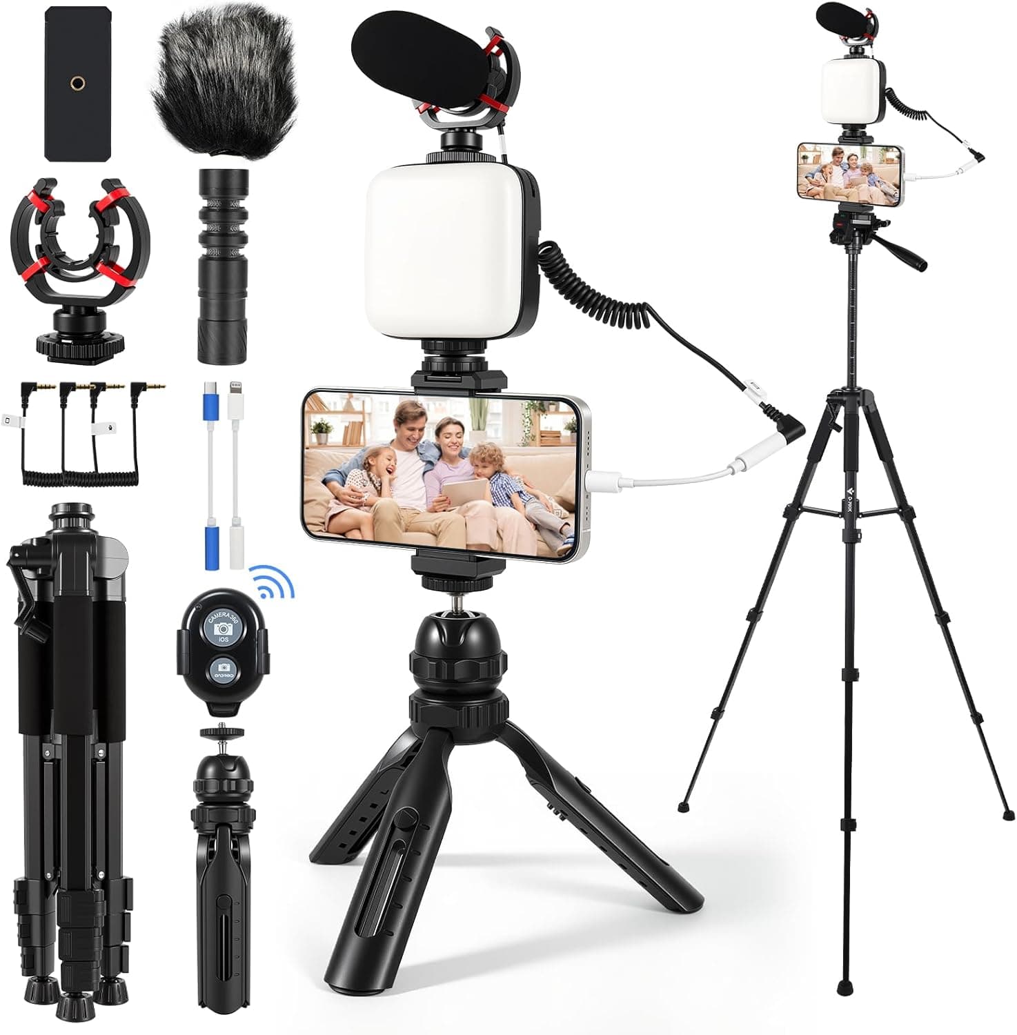 Vlogging Kit for iPhone, Android, YouTube Starter kit Content Creator Equipment with 60'' Extendable Fullsize Tripod, Soft Light and Shotgun Microphone for Vlogging, YouTube, TikTok