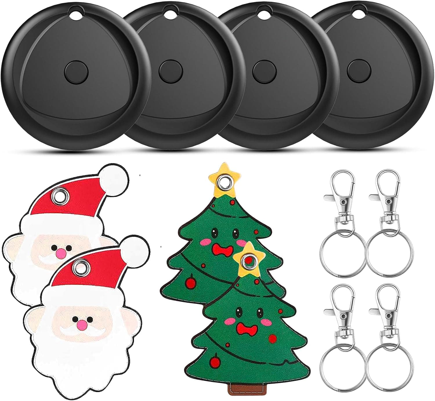 Tracker Tags-4 Pack and 4 Free Leather Keychain Holder (Christmas Series) Work with Apple Find My (iOS Only), Bluetooth Tracker Key Finder, Replaceable Battery Smart Tag for Keys, Wallet, Luggage etc