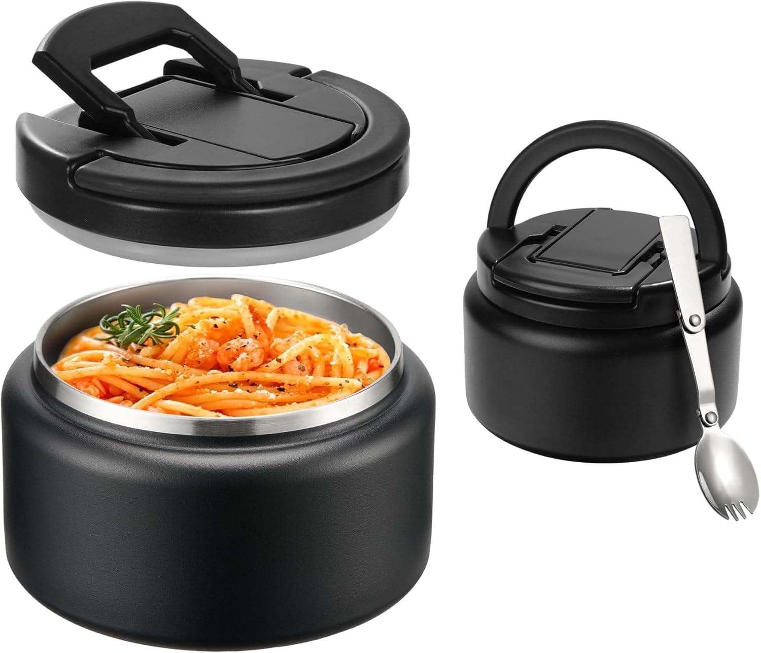 Kids Thermo for Hot Food 13.5oz Lunch Containers with Buckle Lid Wide Mouth Hot Food Jar Vacuum Insulated Stainless Steel Bento Box Leakproof with Spoon(Black)