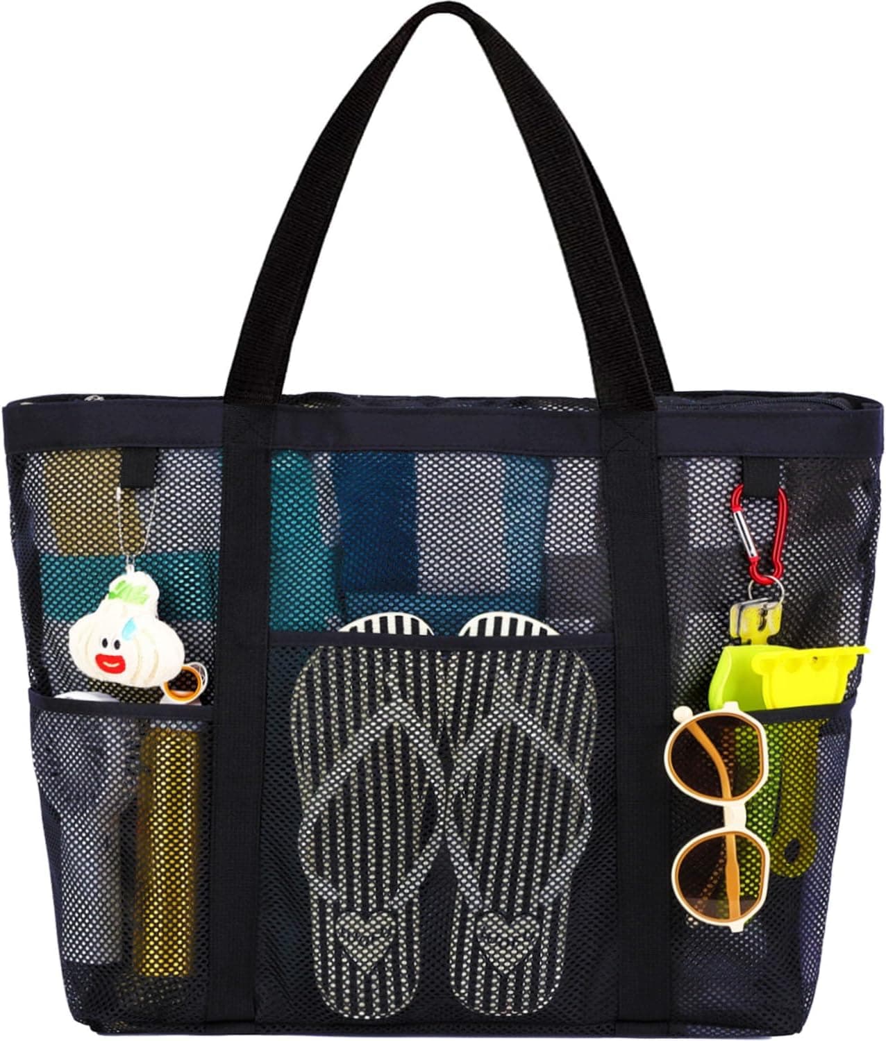 Mesh Beach Bag, Large Beach Tote Bags with Zipper, Toys Pool Bag for Family Travel Vacation Cruise Essentials
