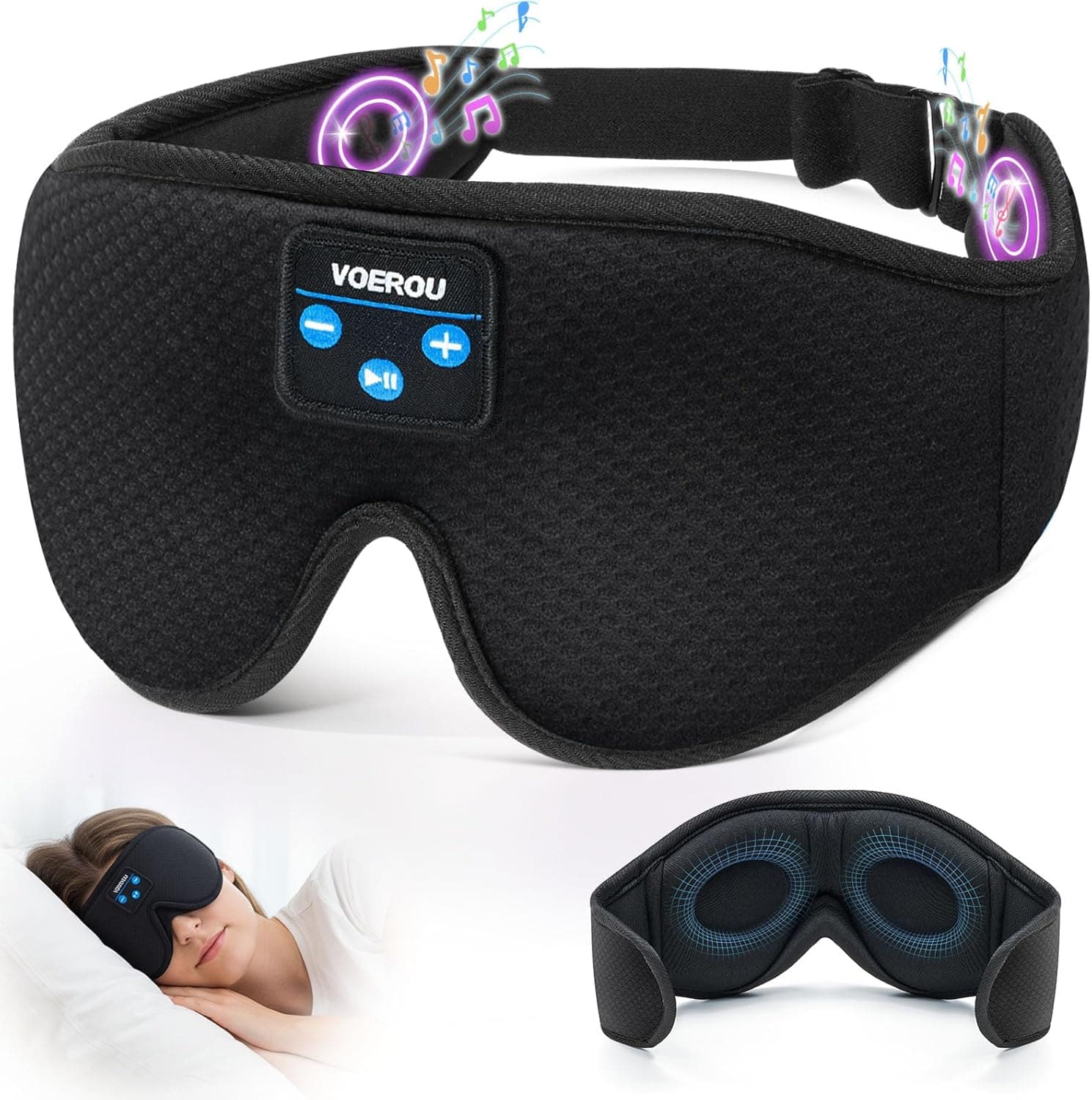 Voerou Sleep Headphones, 3D Bluetooth 5.4 Sleep Mask Wireless Eye Mask, Sleeping Mask with Bluetooth Headphones for Side Sleepers with Ultra-Thin Speakers, Perfect for Sleeping Travel Christmas Gifts