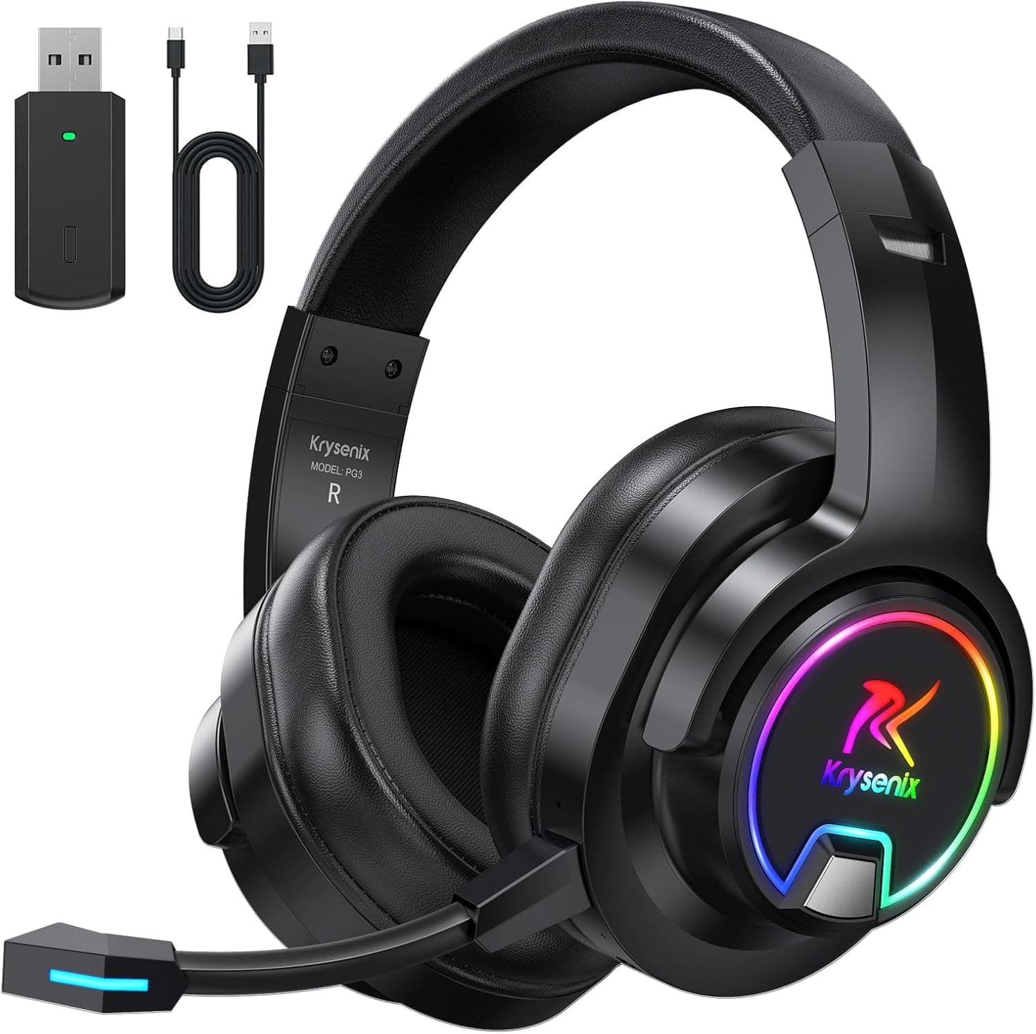 PG3 2.4GHz Wireless Gaming Headset for PS5, PC, PS4, Mac, Switch, Bluetooth 5.4 Gaming Headphones with Noise-Cancelling Mic, Gaming Headset with Cool LED, 7.1Surround Sound, 48H Battery, Carbon Black