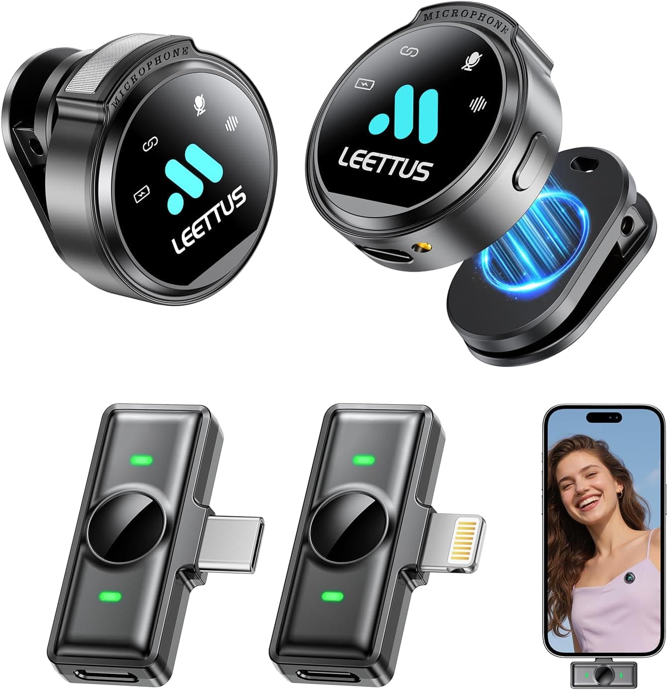 Mini Microphone for iPhone 17/16/15-7/Android/Tablet,Lavalier Wireless Microphones with Dual Receivers, DSP Noise Cancellation,Magnetic Clip,18H, Ideal for Video Recording,Podcast,Interviews, Gifts