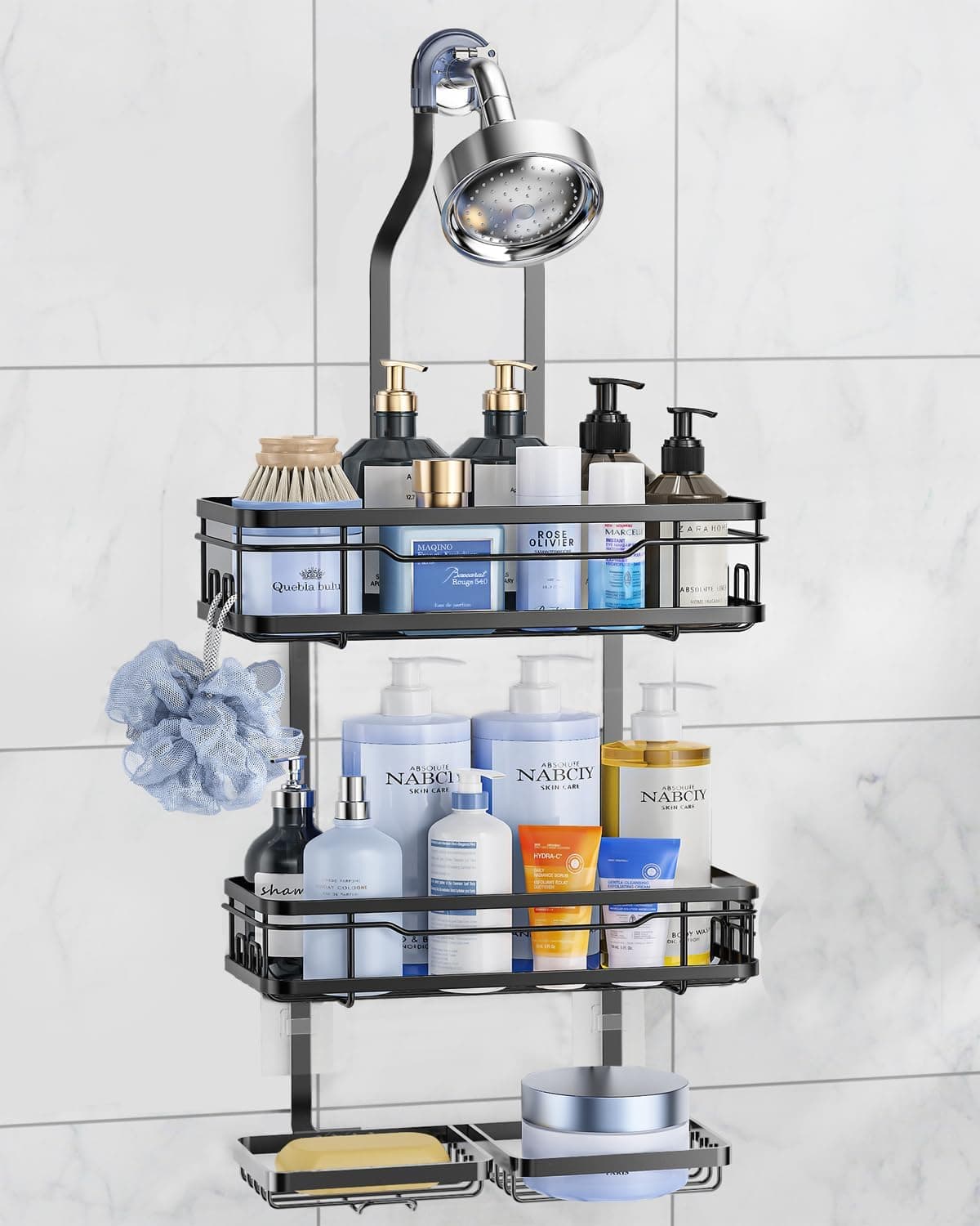 OMAIRA Shower Caddy Hanging with Soap Scrub Holder, Stainless Steel Adjustable No Drilling Non-Slip Large Capacity Sturdy Over Shower Head Shower Organizer Inside Shelves Bathroom Storage Rack, Black