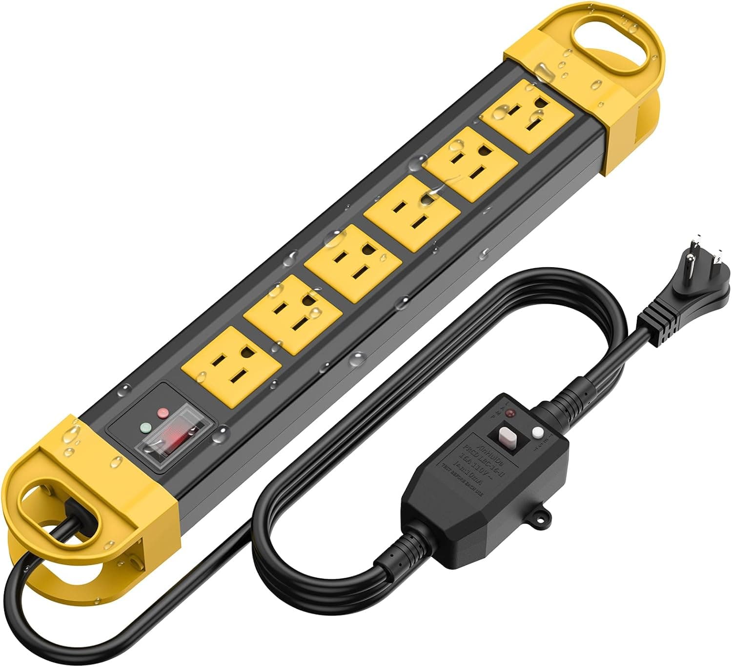 HHSOET GFCI Outdoor Power Strip Weatherproof, Waterproof Surge Protector 2700J with 6 Plug Extender Port, Exterior Long Extension Cord with Multiple Outlets, for Garden, Christmas Decor, 15FT, Yellow
