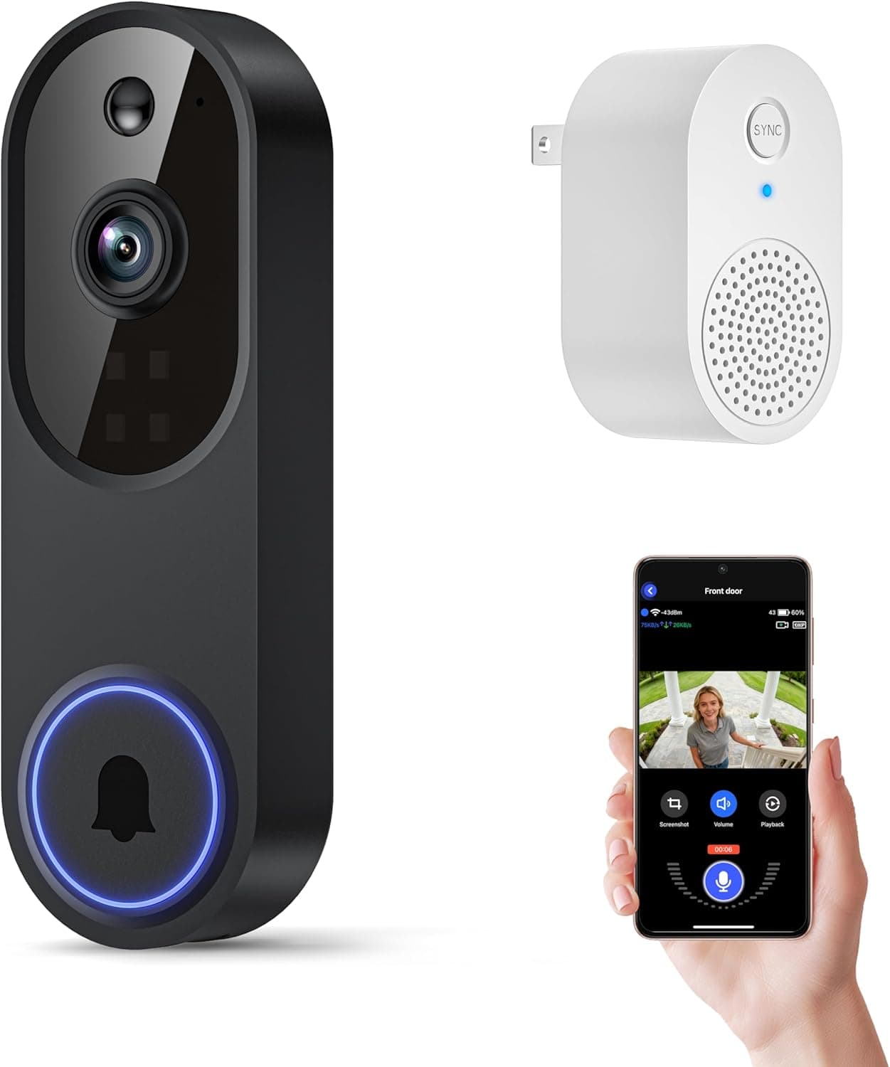 Orbitell Wireless Wi-Fi Video Doorbell Camera with Two Way Audio, Night Vision, Cloud Storage, Smart AI Motion Detection, Support 2.4GHz Wi-Fi only