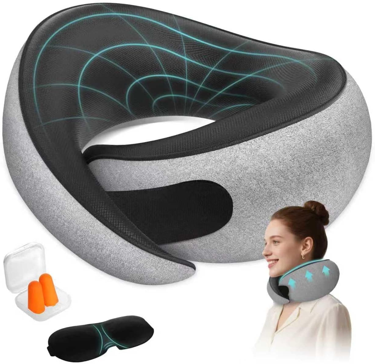 Travel Neck Pillows for Airplanes - 360° Ergonomic Memory Foam Travel Pillow - Relief Neck Pain with Breathable Support for Long Flights, Car, Train & Office Use - Adults & Kids (Gray)