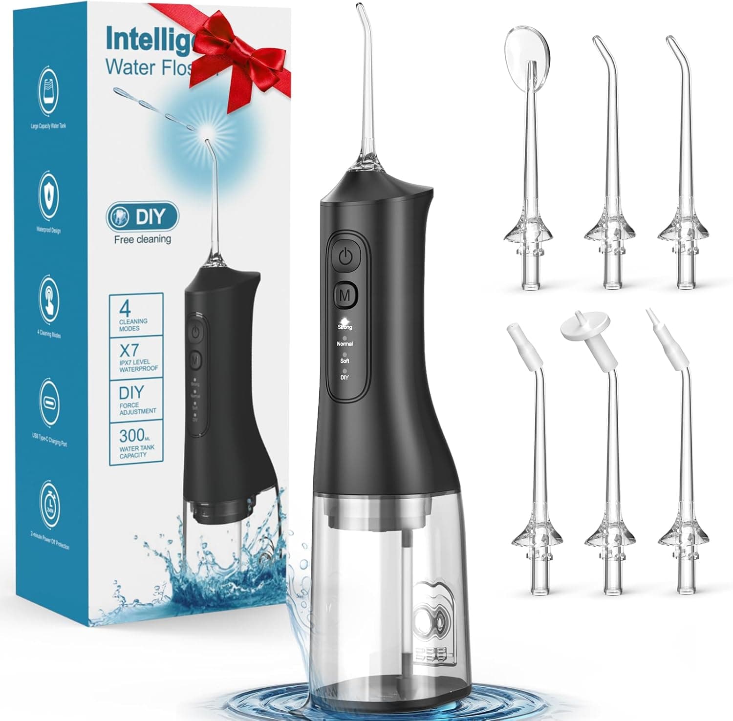 Water Flosser, Rechargeable 300ML IPX7 Waterproof Cordless Portable Oral Irrigator with 4 Modes & 6 Replaceable Jet Tips-Professional Flossing Cleaner for Daily Home Use,Travel,Gums,Braces Care(Black)