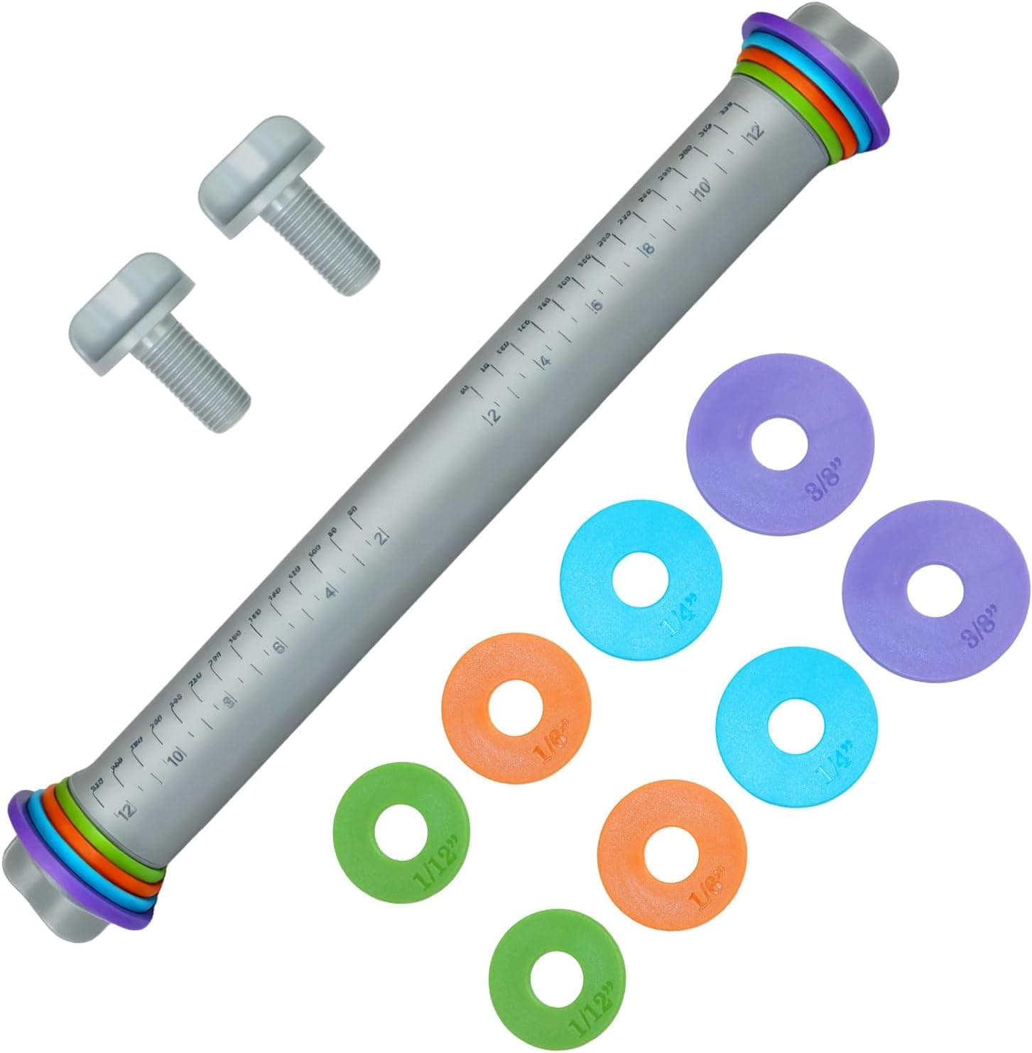 12.8-Inch Adjustable Rolling Pin with 4 Thickness Rings, Food-Grade Silicone Non-Stick Dough Roller for Baking Cookies, Pizza, Pie - Easy Clean, Sturdy Stainless Steel Core, Modern Gray