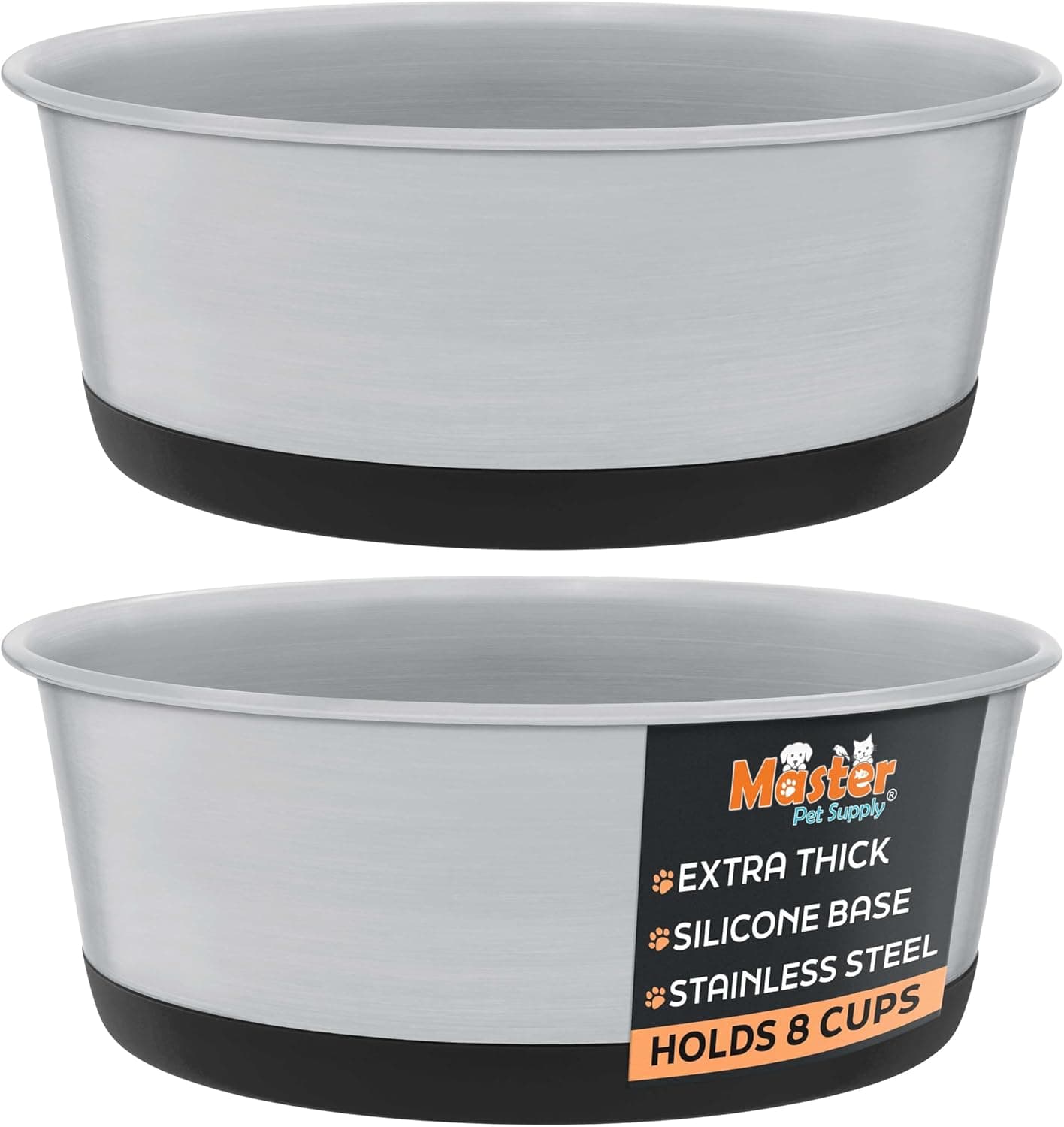 Master Pet Supply Stainless Steel Dog Bowls Set of 2 with Extra Thick Silicone Base - 8 Cup (64 oz) Black Velvet, Non-Slip, Dishwasher Safe Metal Bowls, Pet Dog Food Bowl for Dogs, Cats, Anti Rust