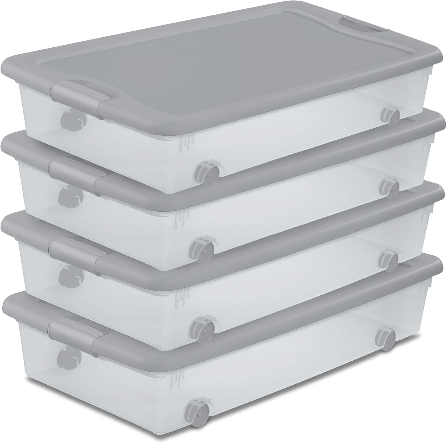 Sterilite 4 Pack Wheeled Under Bed Storage Container, 56 Qt Plastic Bin with Latching Lid for Organization - Clothes & Shoes Organizer, Silver Tint