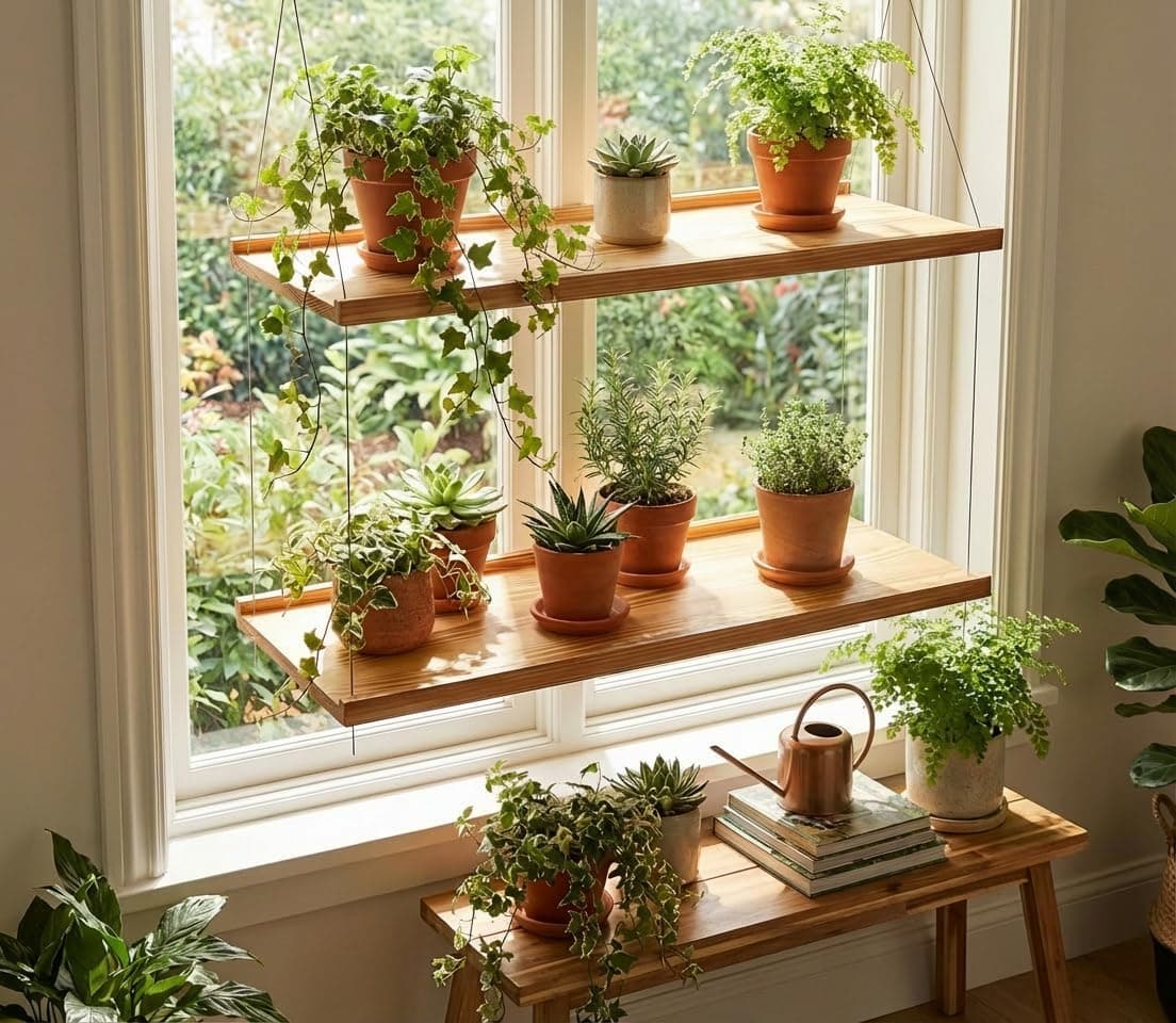 2 Tier Window Plant Shelves, 16" Pure Wood Plant Hanging Shelf for Indoor Windows, Adjustable Rope Hanging Shelves for Succulents & Microgreens, Heavy Duty 30lb Capacity