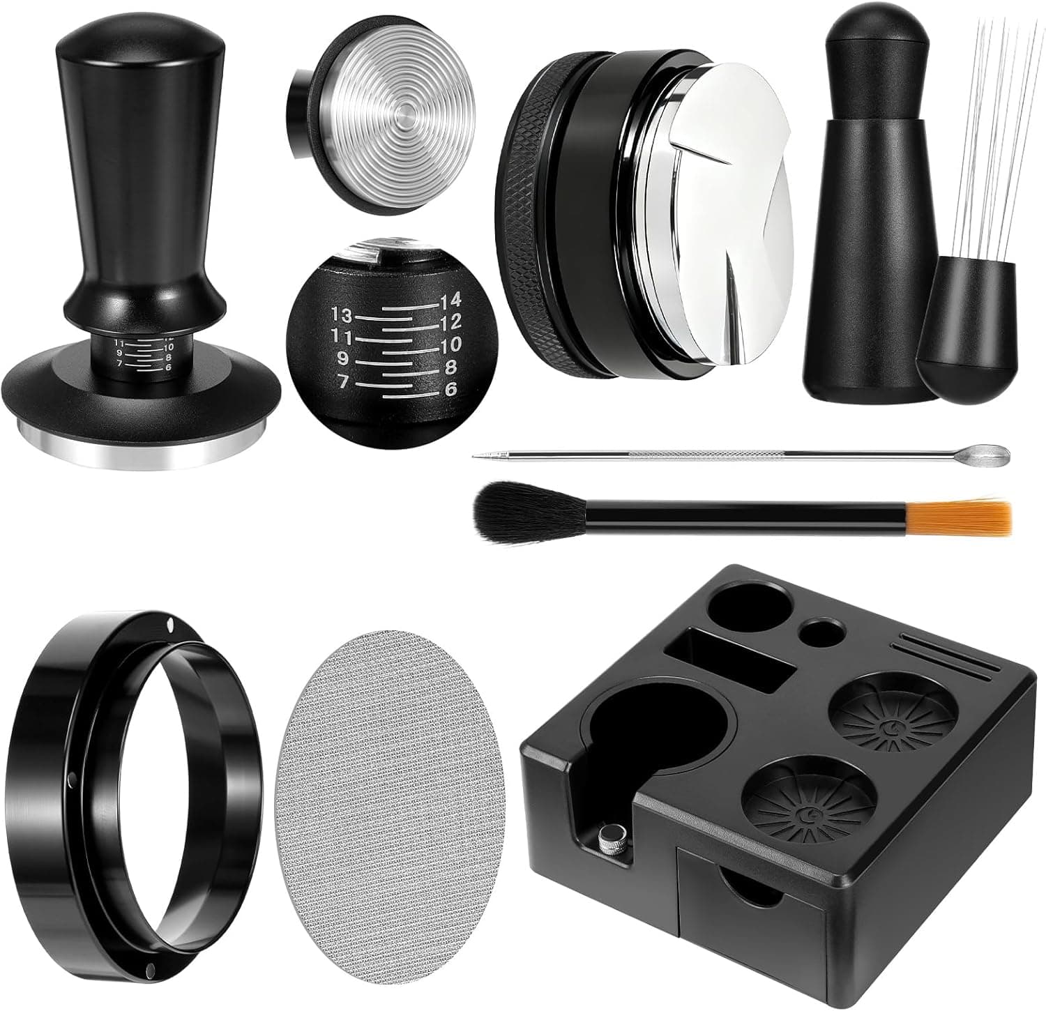 8 PCS Espresso Accessories Kit,51mm Espresso Tamper Tools,WDT Tool Espresso,Espresso Tamping Station, Distributor, Stirrer, Dosing Funnel,Puck Screen, Brush and Latte Art Pen