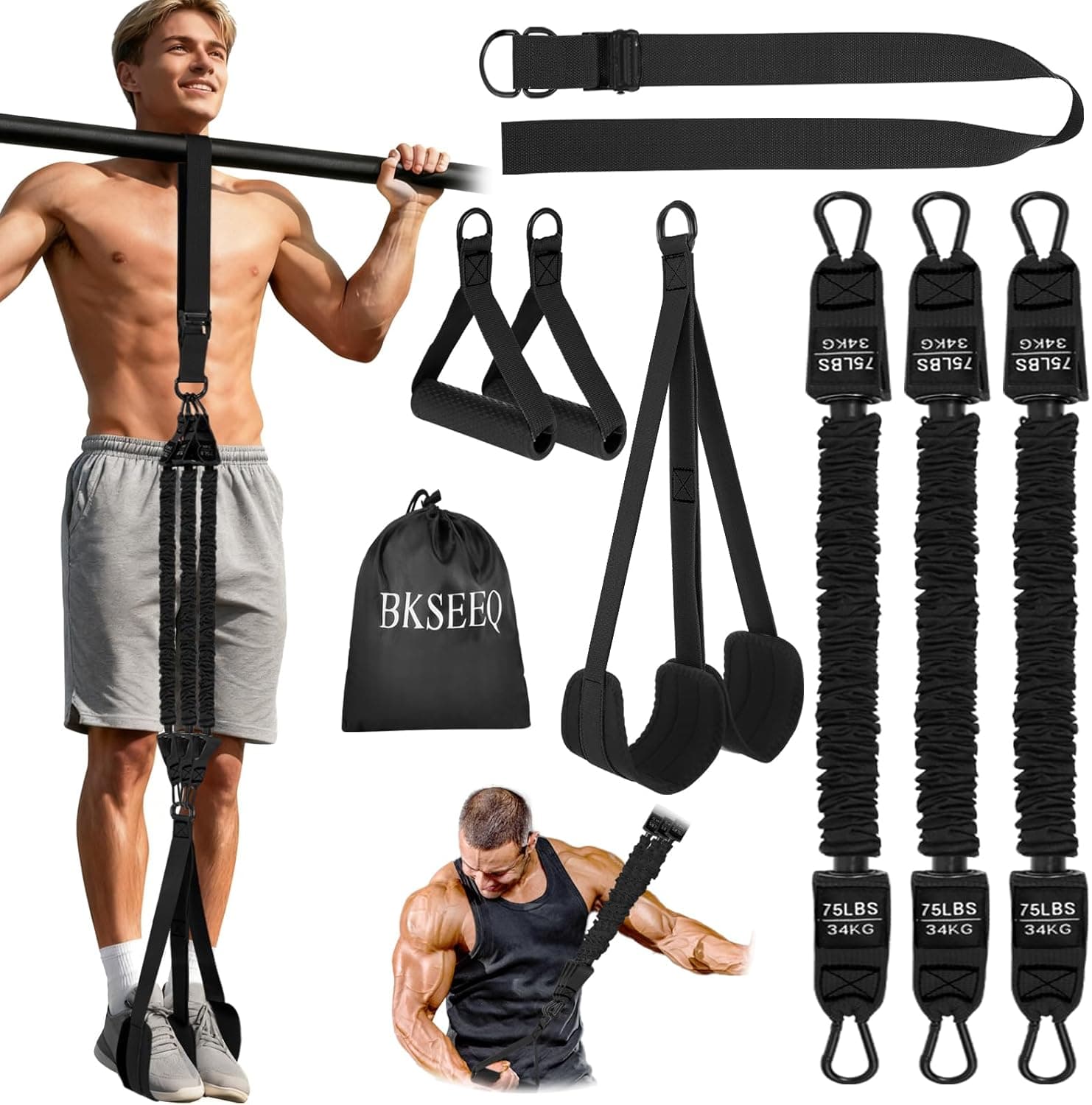 Pull Up Assistance Bands with Handles,Adjustable Heavy Duty Resistance Band for Pull Up,Comfortable Fabric Feet/Knee Rest,Pull Up Assist Band,Home Fitness,Muscle Training(Black