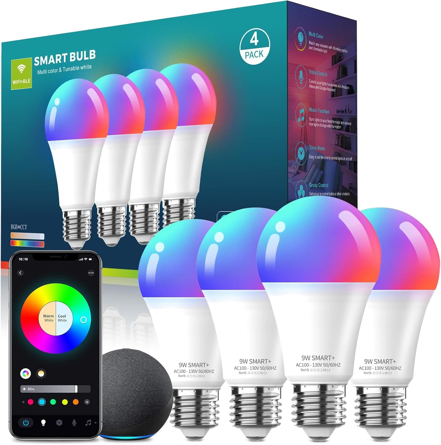 Meliya LED Smart Light Bulbs, Color Changing Dimmable & Timing Smart WiFi and Bluetooth Bulb, Compatible with Alexa and Google Assistant, RGBWW A19, 9W 800 Lumens, Music Sync, Voice Control (4 Pack)