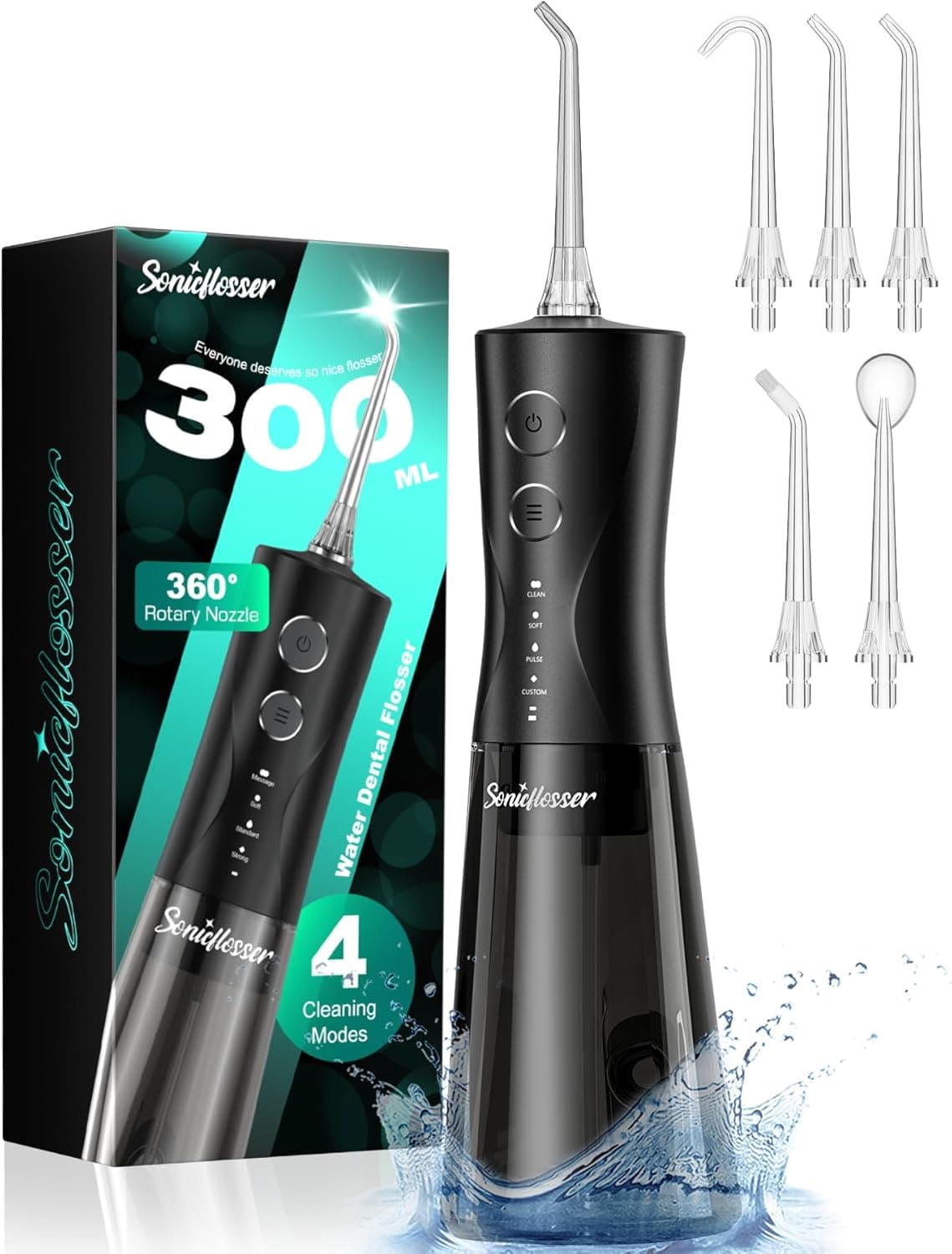 Portable Water Flosser for Teeth Pick - 4 Modes & 5 Tips, 300ML Cordless Design for Home Travel, IPX7 Waterproof, Rechargeable for Ultimate Clean, Ideal for Sensitive Gums and Braces BPA-Free