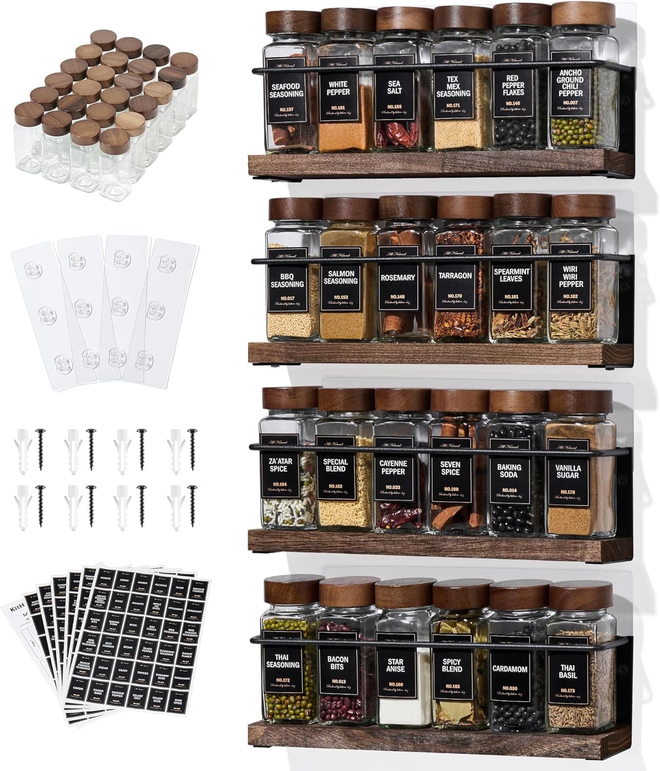 4-Tier Wall Mount Spice Rack Organizer with 24 Glass Jars, 216 Labels & Funnel - Screw/Adhesive Mount, Black Metal & Wood Spice Storage for Kitchen Pantry Cabinet, 11.6”L x 2.4”W x 3.2”H