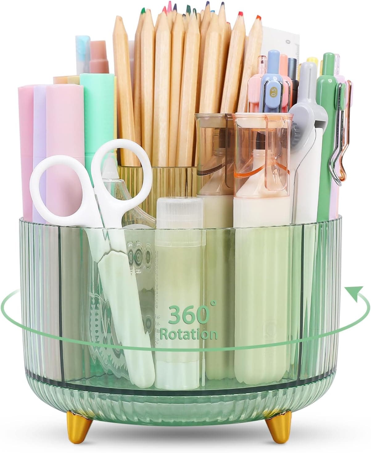 SKYDUE Rotating Pencil Pen Holder, Pen Organizer with 5 Slots - Aesthetic Desk Organizer and Accessories for School, Home, Office Supplies, Clear Green