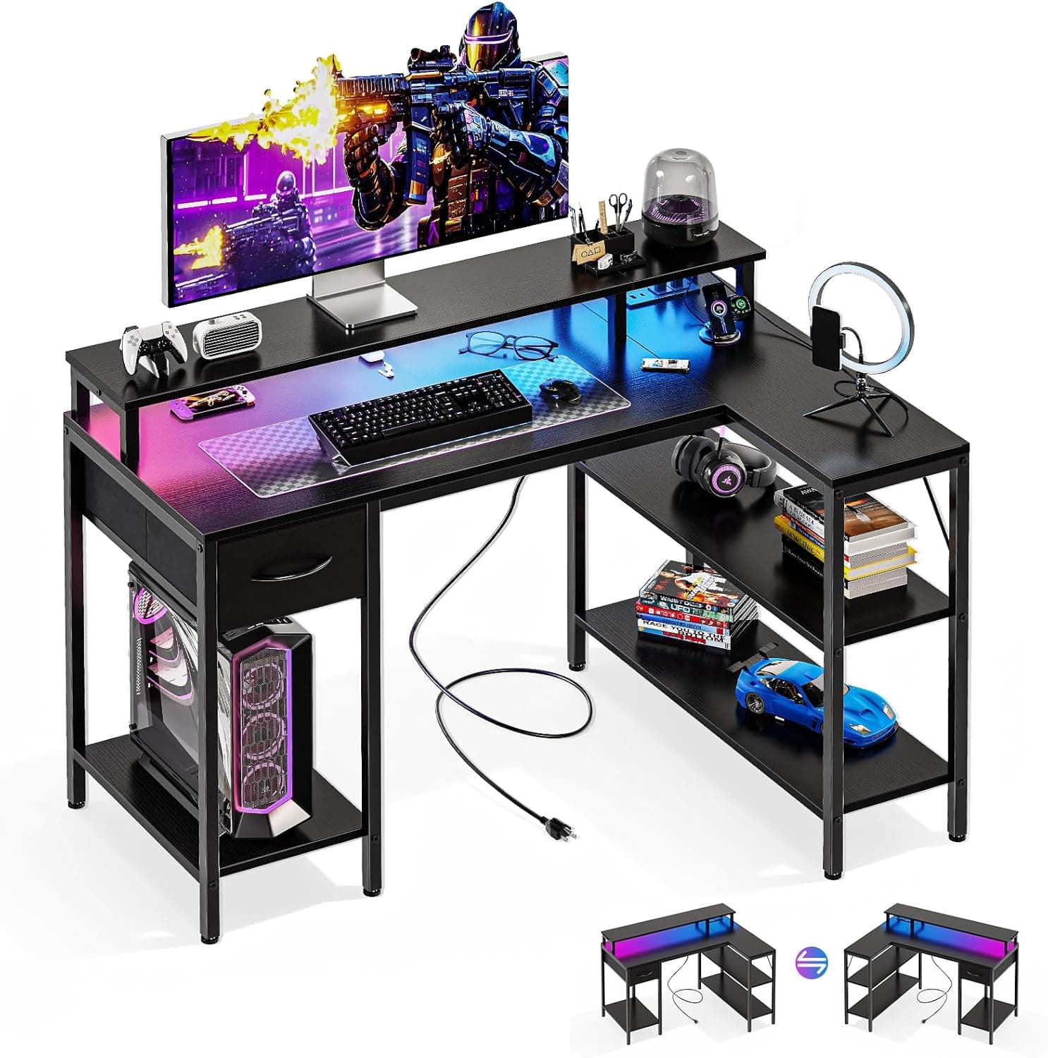 DUMOS 47” Gaming Desk with USB Charging Ports & LED Lights, Reversible L Shaped Desks Computer Corner Gamer Table with Power Outlets Monitor Stand Storage Shelves for Home Office Small Space, Black