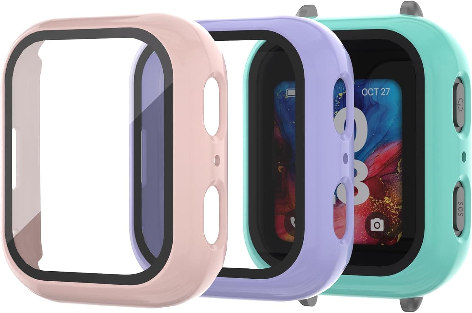 NewJourney Compatible with Bark Watch Screen Protector, 3 Pack Bumper Case with Scratch-Resistant Tempered Glass Cover, Kids Smartwatch Accessories (Teal+Purple+Pink)
