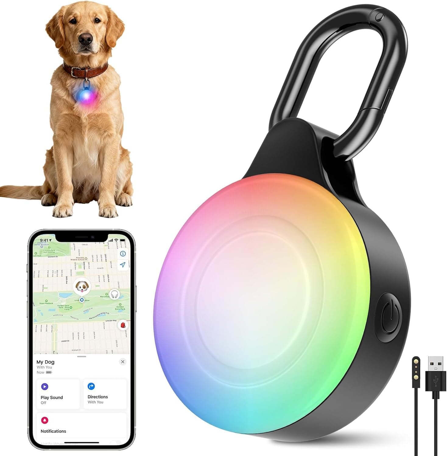 2-in-1 GPS Tracker Dog Light | Smart Tracking Pet LED Light for iOS Only | IP68 Waterproof | 6 Modes Dog Collar Light for Night Walking, Camping | Works with Apple Find My, No Subscription