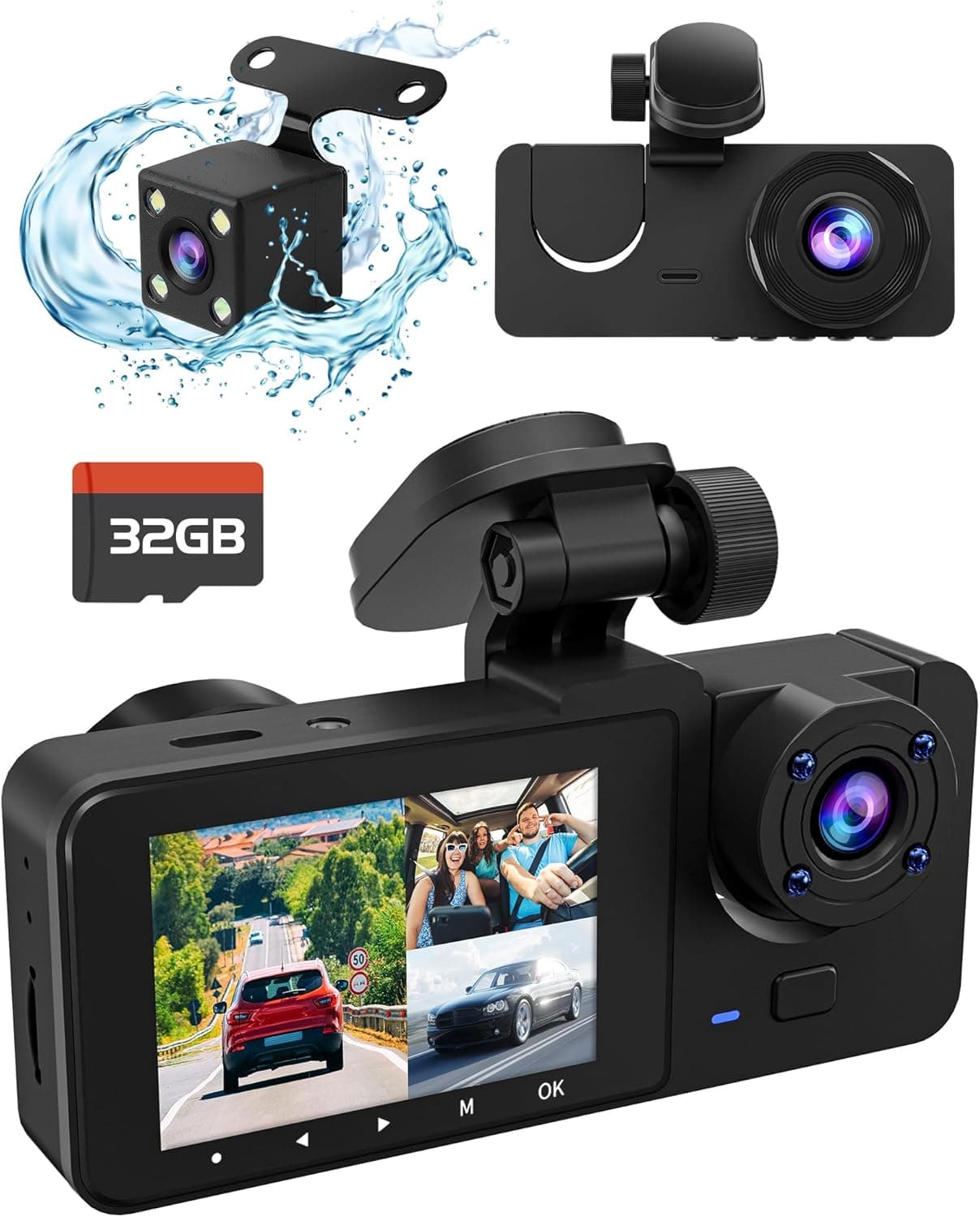 Dash Cam Front and Rear Inside, 4K Full HD Triple Dash Camera for Cars, Car Camera with 32GB Card,Built-in Loop Recording,G-Sensor,24H Parking Monitor,WDR,Accident Lock