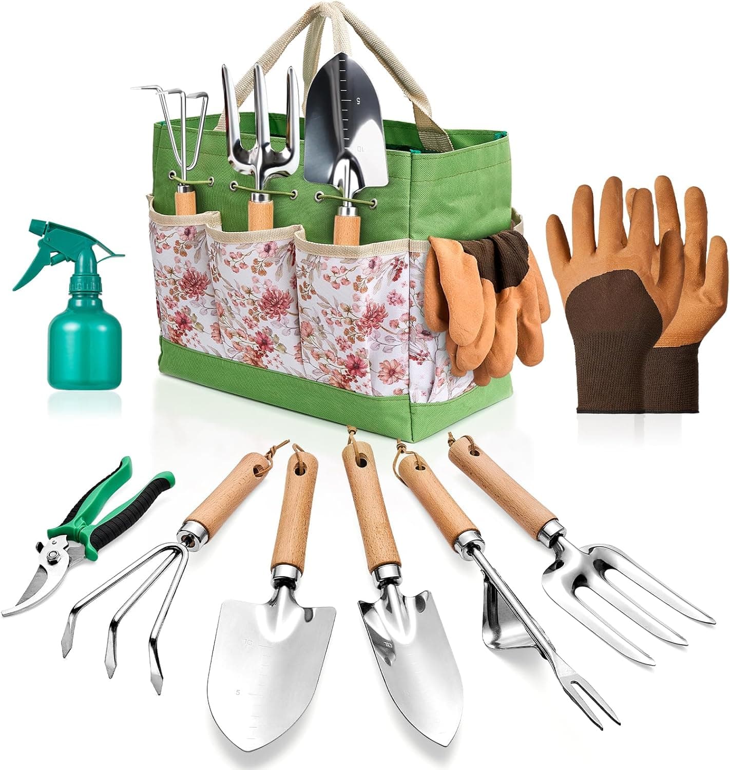 9-Piece Gardening Tools Set - Complete Gardening Kit with Heavy-Duty Stainless Hand Tools, Durable Storage Bag with Garden Accessories, Ideal Gardening Gifts for Women, Men, Gardeners (Green)