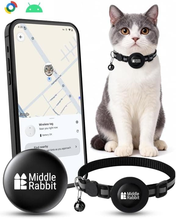 Cat Tracker for Android with Collar, GPS Pet Tracking Tag for Cats, Android Airtag Alternative, Cat Collar with Tracker Holder, Compatible with Google Find My Device, No Subscription Needed
