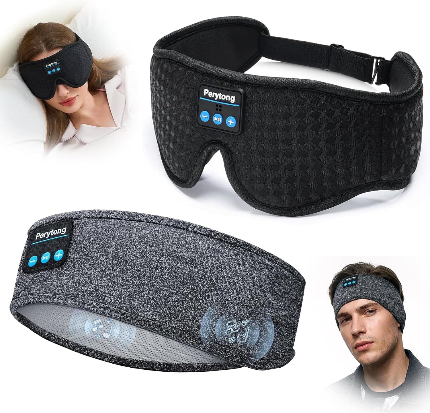 Perytong 2-Pack Sleep Mask with Bluetooth Headphones & Sleep Headphones Headband Wireless, Ultra-Thin Stereo Speakers for Side Sleepers Perfect for Insomnia, Yoga, Air Travel, Meditation