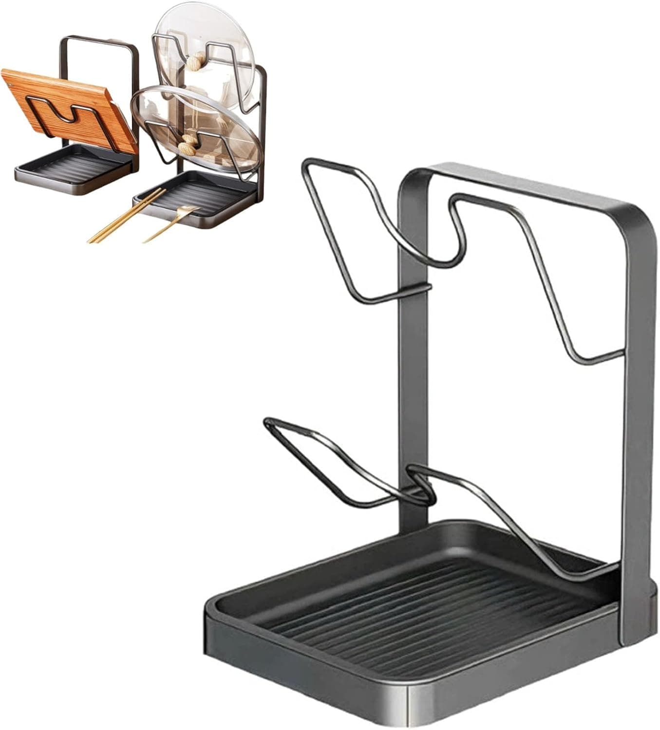 Kitchen Pot Lid Storage Rack, 304 Stainless Steel Pot Lid Holder While Cooking, Multifunctional Kitchen Pot Cover Organizer for Countertop, With Removable Drip Tray (Gray double-layer)