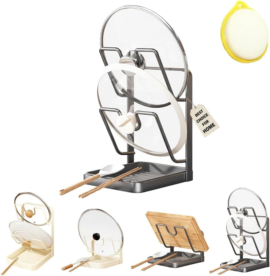 Kitchen Pot Lid Storage Rack, Multifunctional Stainless Steel Pot and Pan Organizer with Removable Drip Tray, Two-Compartment Spatula Holder for Counter Stove Top Kitchen Accessories(Gray,Double)