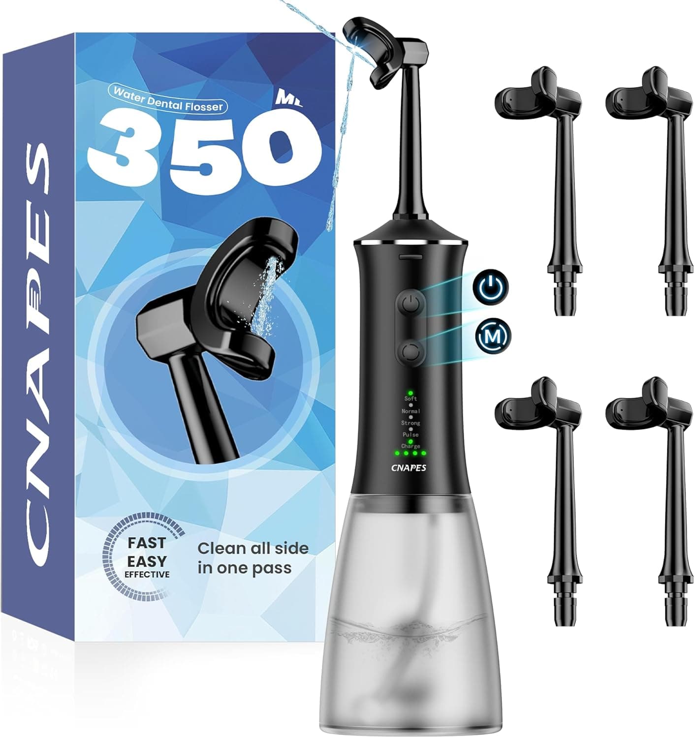 Cordless Water Flosser for Teeth- 350ML & Portable Large Water Tank, Rechargeable Dental Flosser with 4 U-Shaped Flossing Head, 360° Deep Cleaning & 4 Pressure Modes