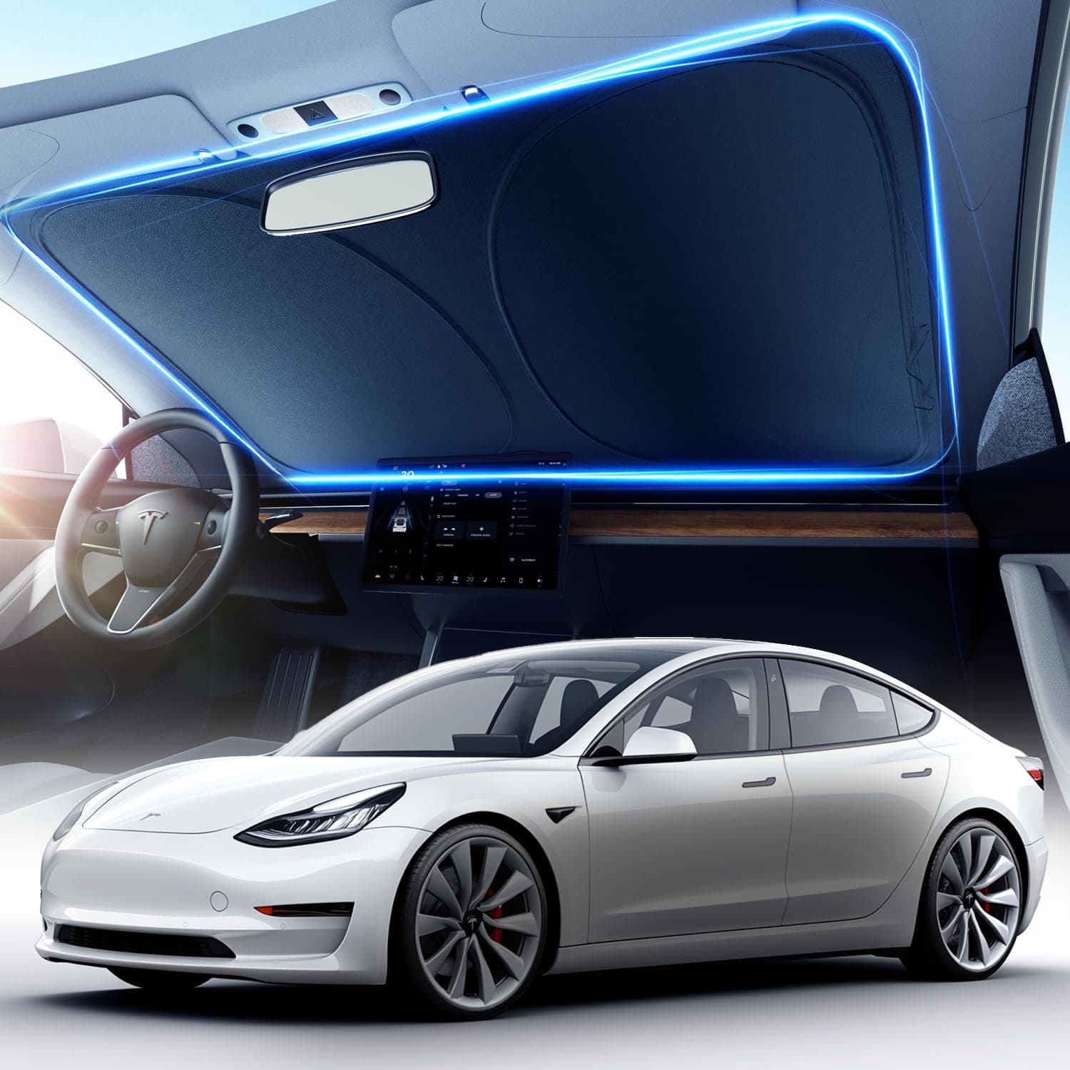 [2025 Upgrade] DMJN Windshield Sun Shade Car, [100% Sun Bolck & UV Reflective] Keep Car Cool & Interior Protection Sunshade, Flexible & Durable Sun Visor Universal Fit Medium