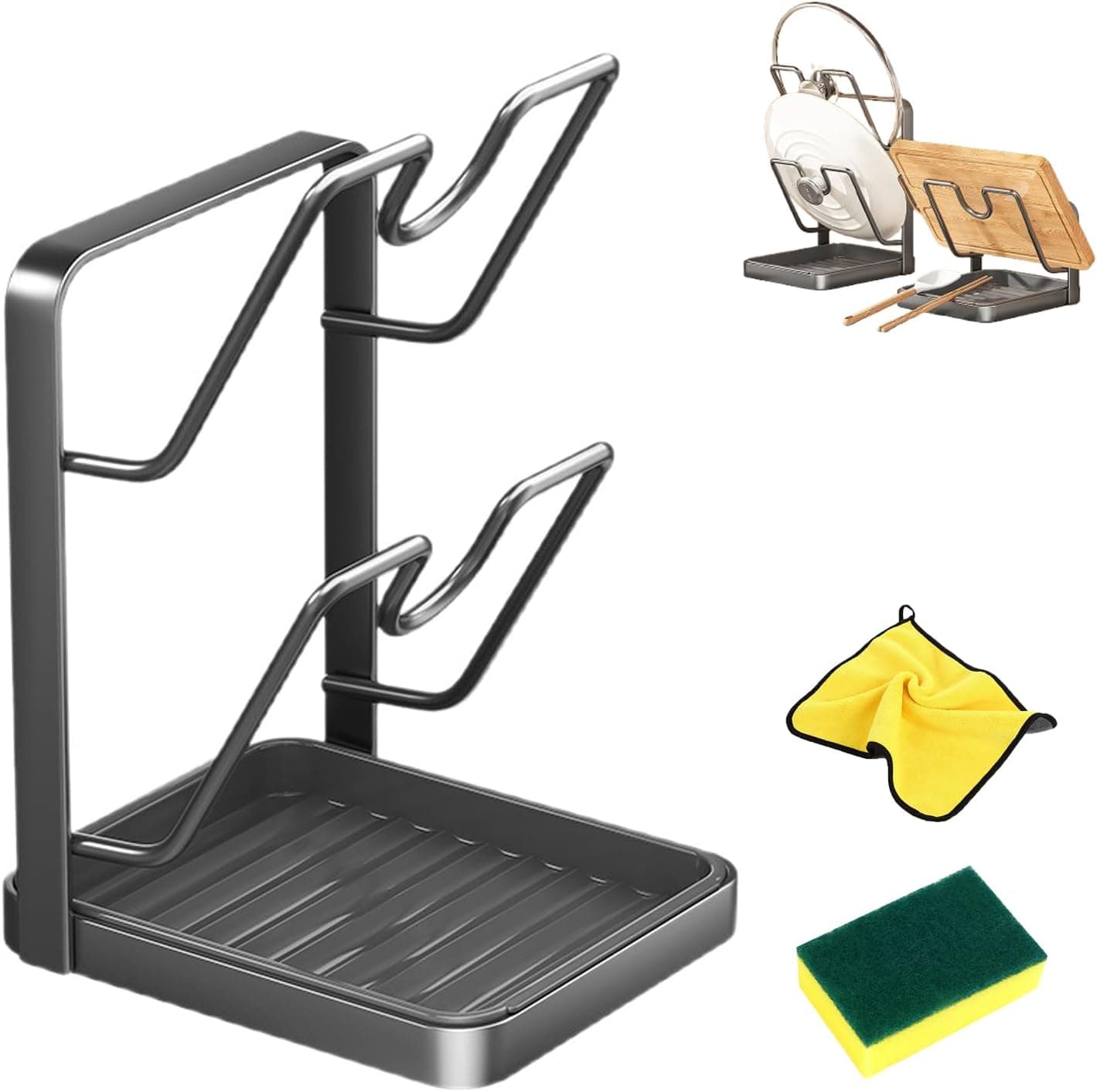 Kitchen Pot Lid Storage Rack with Tray, Pot Lid Organizer Rack While Cooking, Multifunctional Carbon Steel Kitchen Pot Lid and Spoon Storage Rack for Counter (Grey, Double-Layer)