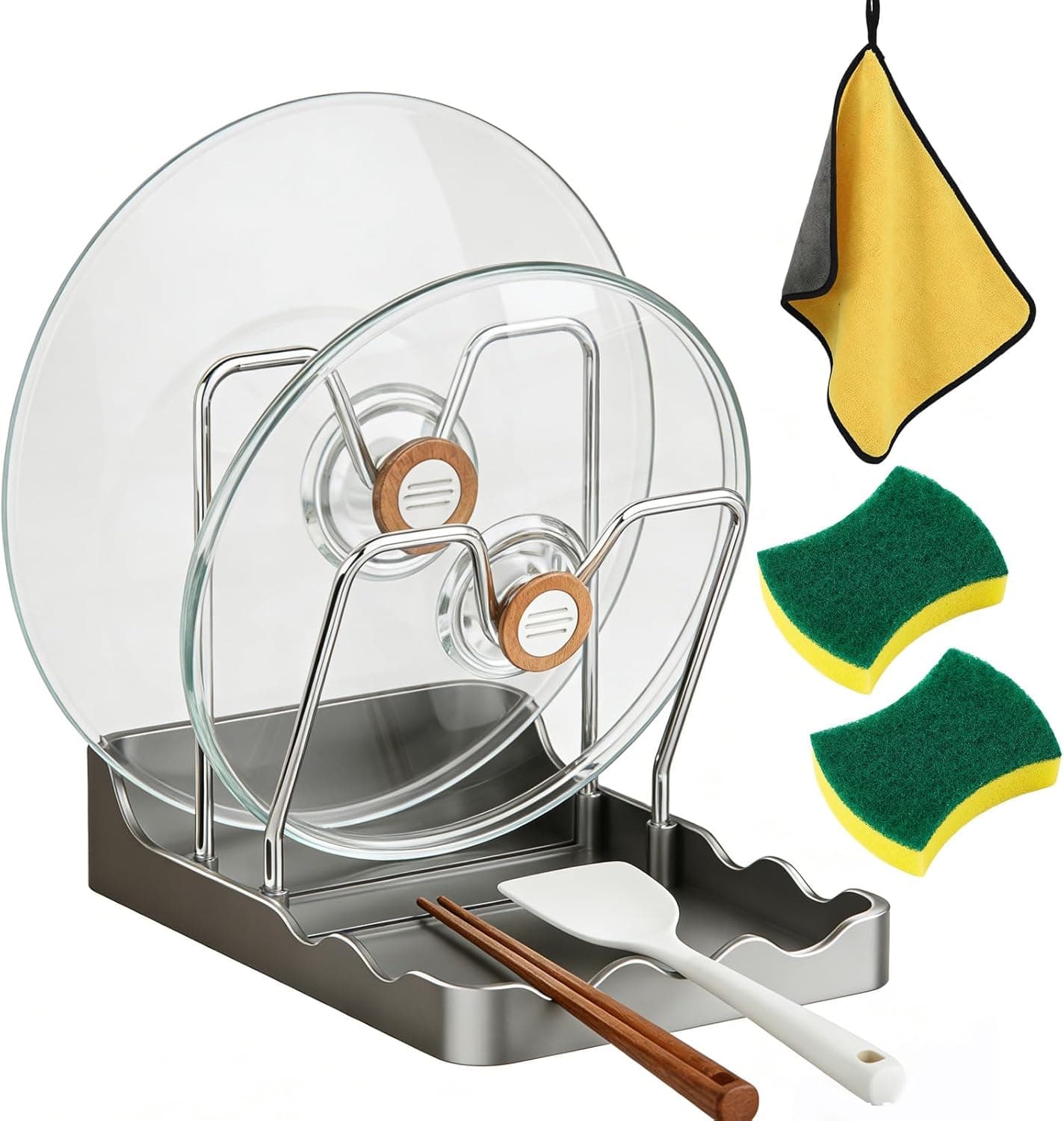 Kitchen Pot Lid Storage Rack - Pot Lid Holder While Cooking, Multifunctional Pot Lid & Cutting Board Holder, Rust-Resistant Carbon Steel, For Cutting Boards, Spoons, Chopsticks (Black, Double Layer)