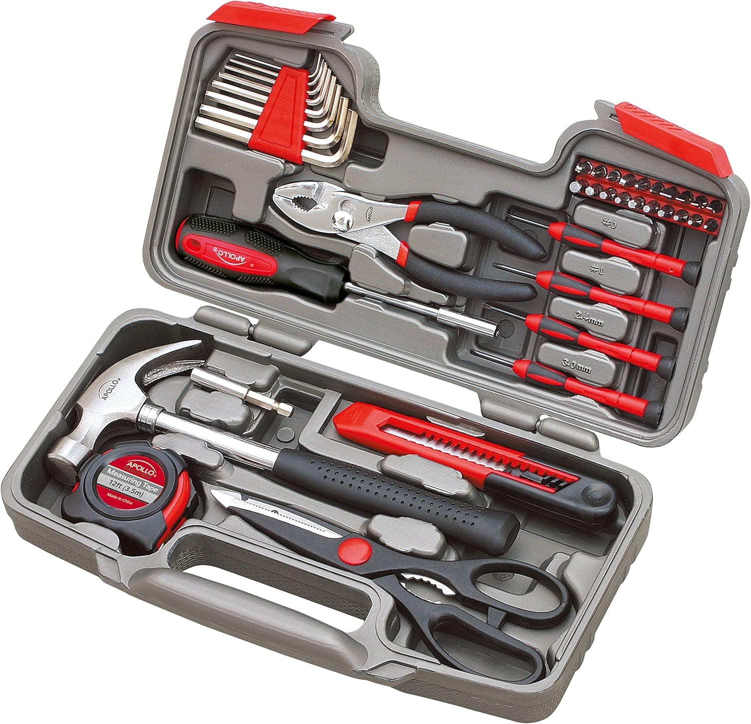 Apollo Tools Original 39 Piece General Household Tool Set in Toolbox Storage Case with Essential Hand Tools for Everyday Home Repairs, DIY and Crafts Red/Black - DT9706