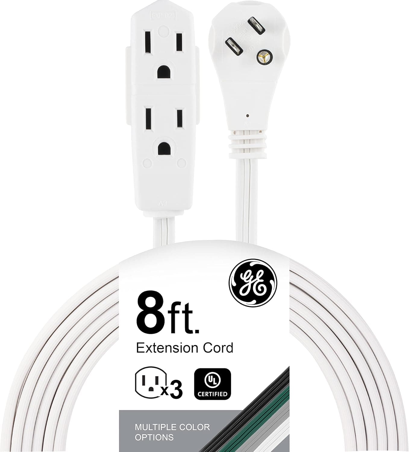 GE 3-Outlet Flat Extension Cord 8 Ft Grounded Extension Cord with Multiple Outlets 3 Prong Outlet Extender Flat Plug Indoor Power Strip 16 Gauge UL Listed White 50251