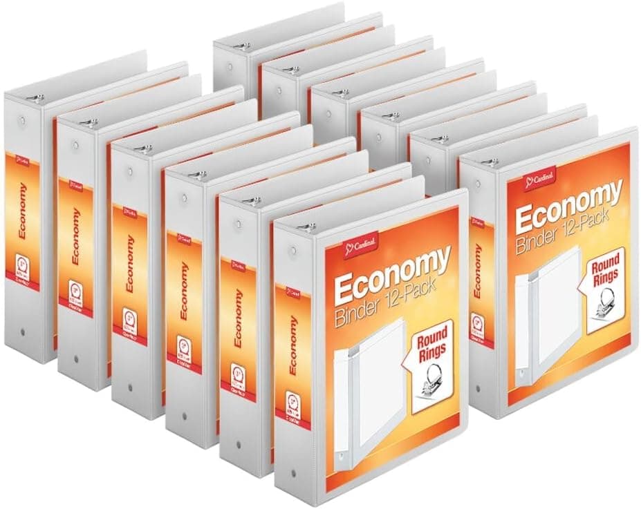 Cardinal Economy 3-Ring Binders, 3", Round Rings, Holds 625 Sheets, ClearVue Presentation View, Non-Stick, White, Carton of 12 (90651)