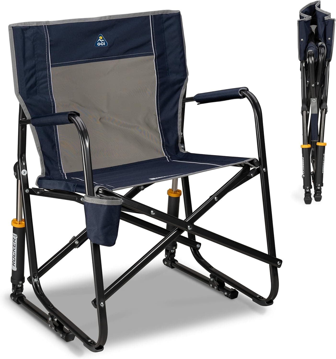 GCI Outdoor Freestyle Rocker Camping Chair | Portable Folding Rocking Chair with Solid, Durable Armrests, Drink Holder & Comfortable Backrest — Indigo Blue
