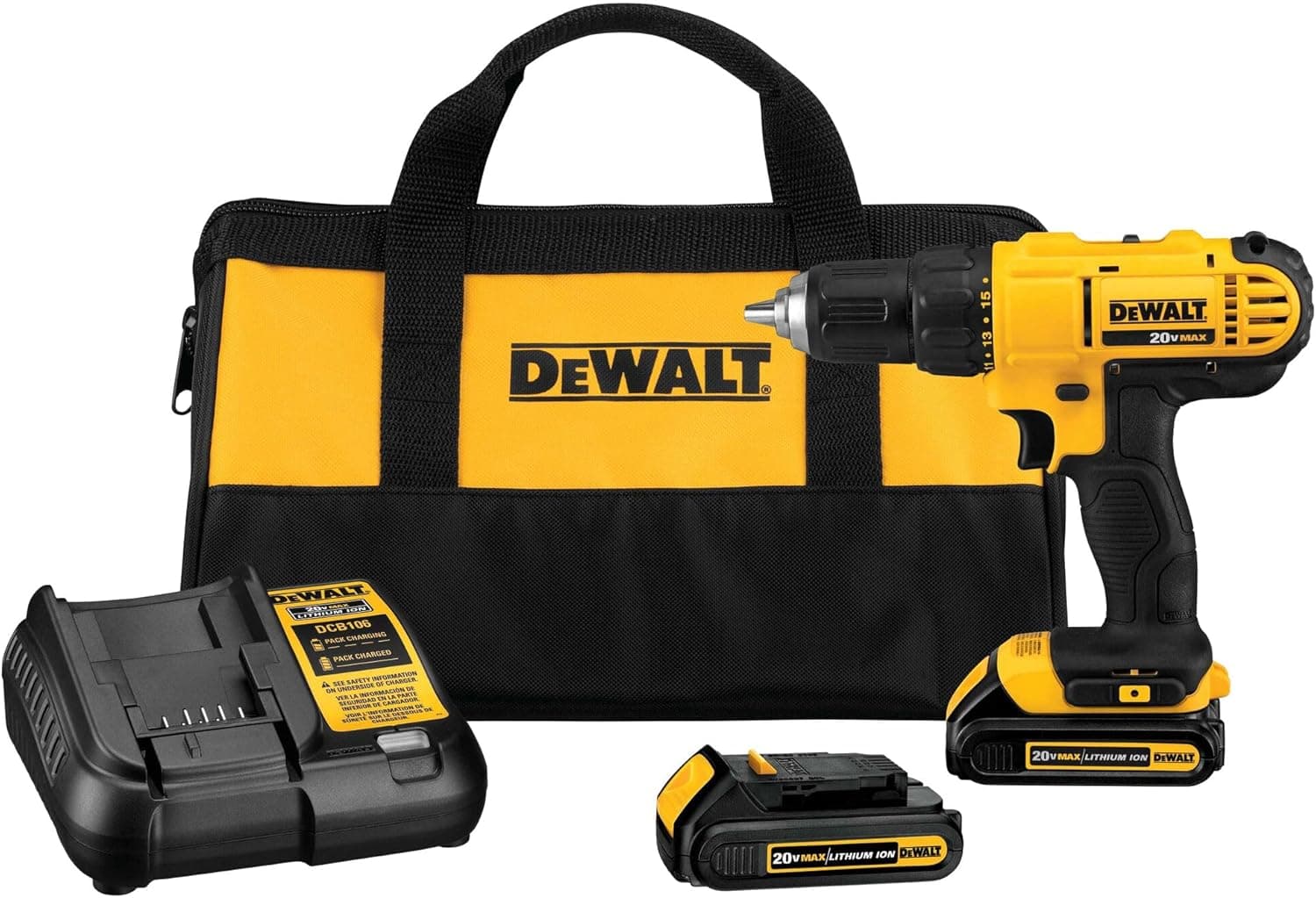DEWALT 20V Max Cordless Drill Driver Set, 2 Speed, High Performance Motor, Includes 2 XR 1.3Ah Li-Ion Batteries, Charger and Contractor Bag (DCD771C2)