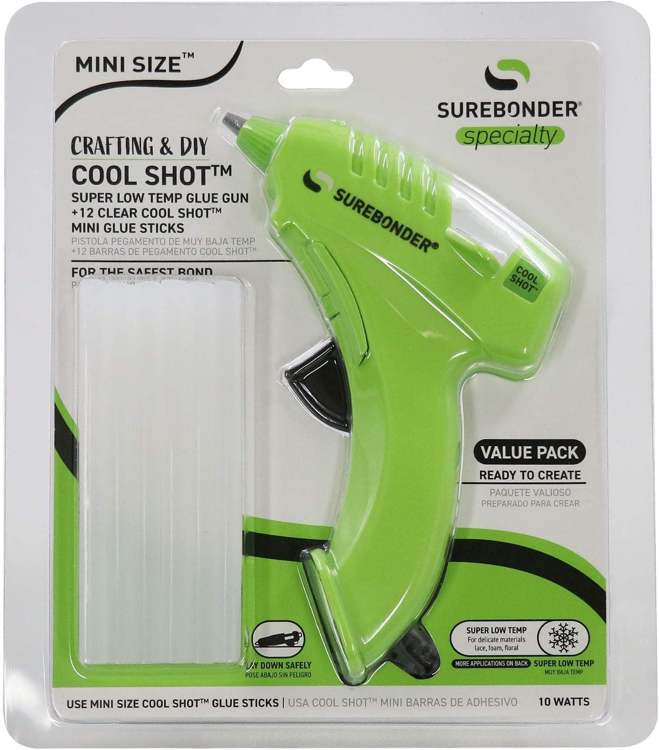 Surebonder 10W Ultra Low Temp Cool Shot Mini Glue Gun Kit with 12 Glue Sticks, Bonds Delicate Materials Like Paper, Fabric, Foam, Balloons - Clear