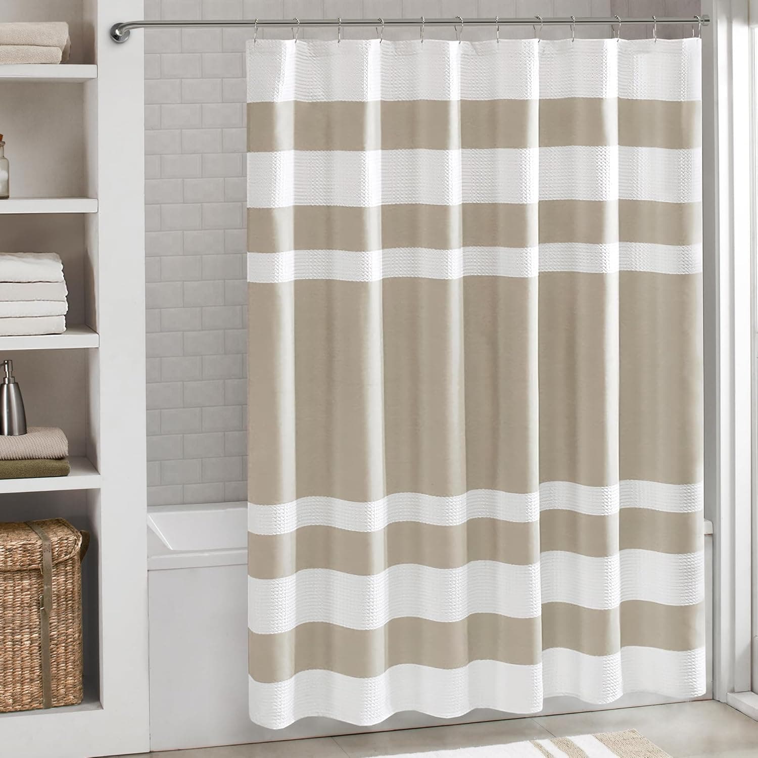 Madison Park Shower Curtain Waffle Weave Striped Pieced Design Fabric Shower Curtain for Bathroom with 3M Scotchgard Moisture Management Premium Spa Quality Modern Standard 72"x72" Taupe