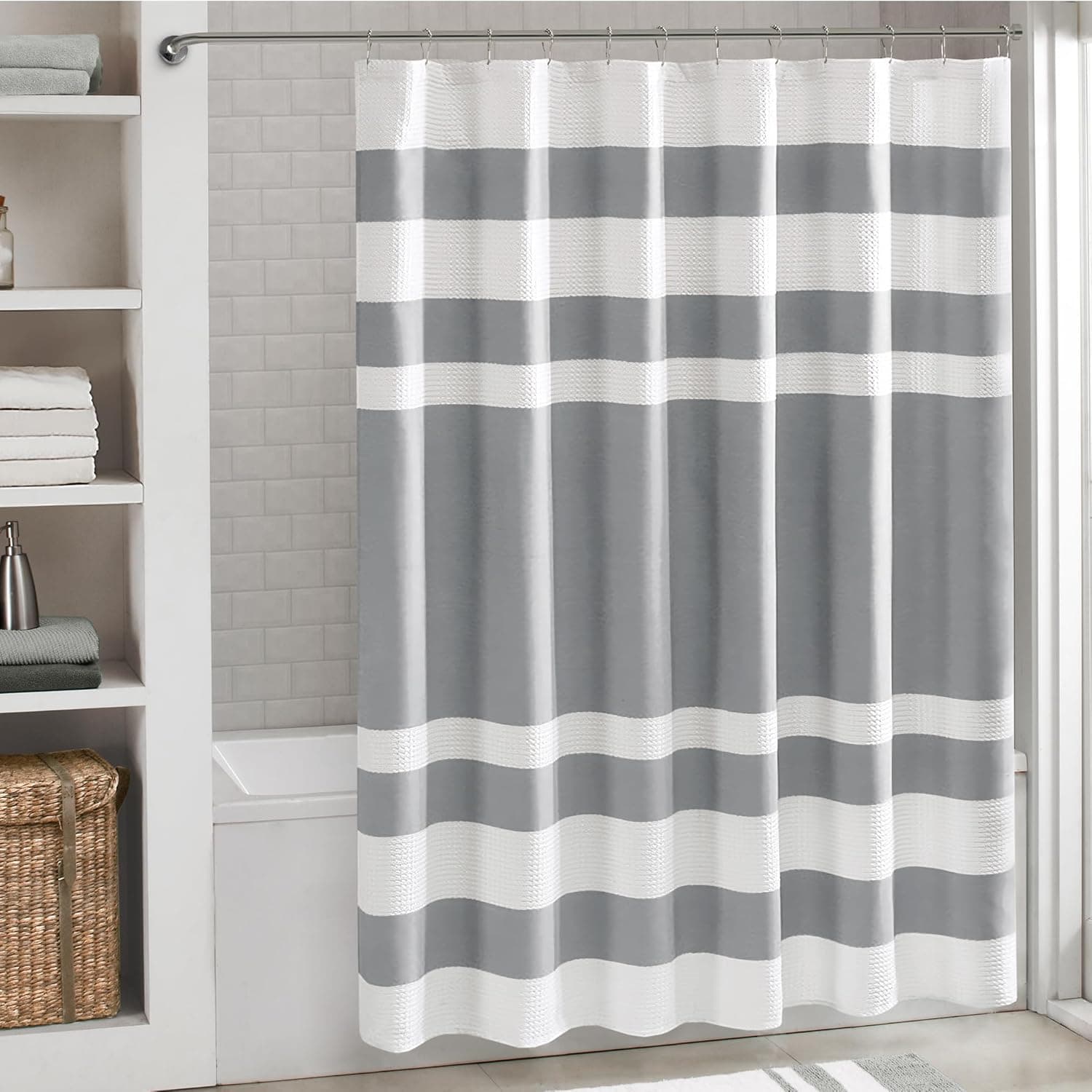 Madison Park Shower Curtain Waffle Weave Striped Pieced Design Fabric Shower Curtains for Bathroom with 3M Scotchgard Moisture Management Premium Spa Quality Modern Standard 72"x72" Grey