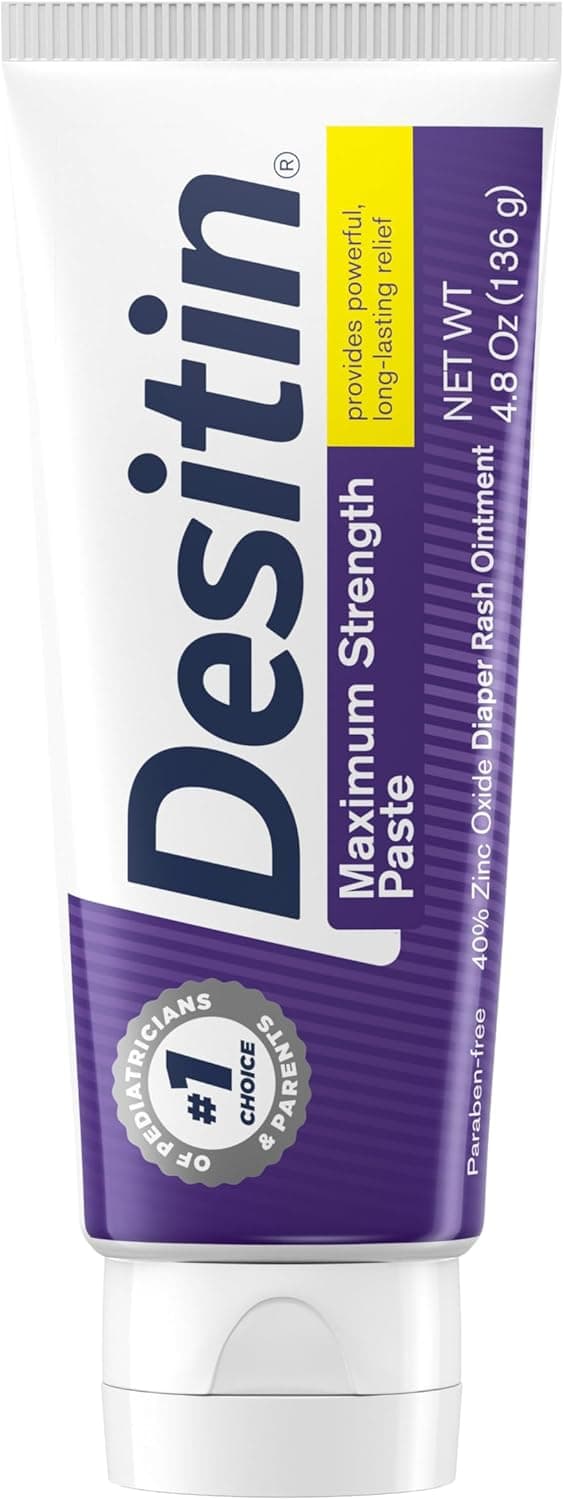 Desitin Maximum Strength Baby Diaper Rash Cream, 40% Zinc Oxide, Hypoallergenic No Added Parabens & Dyes, Protects & Relieves Babyโs Skin for Up to 12 Hours, Prevents Diaper Rash, 4.8 oz Tube